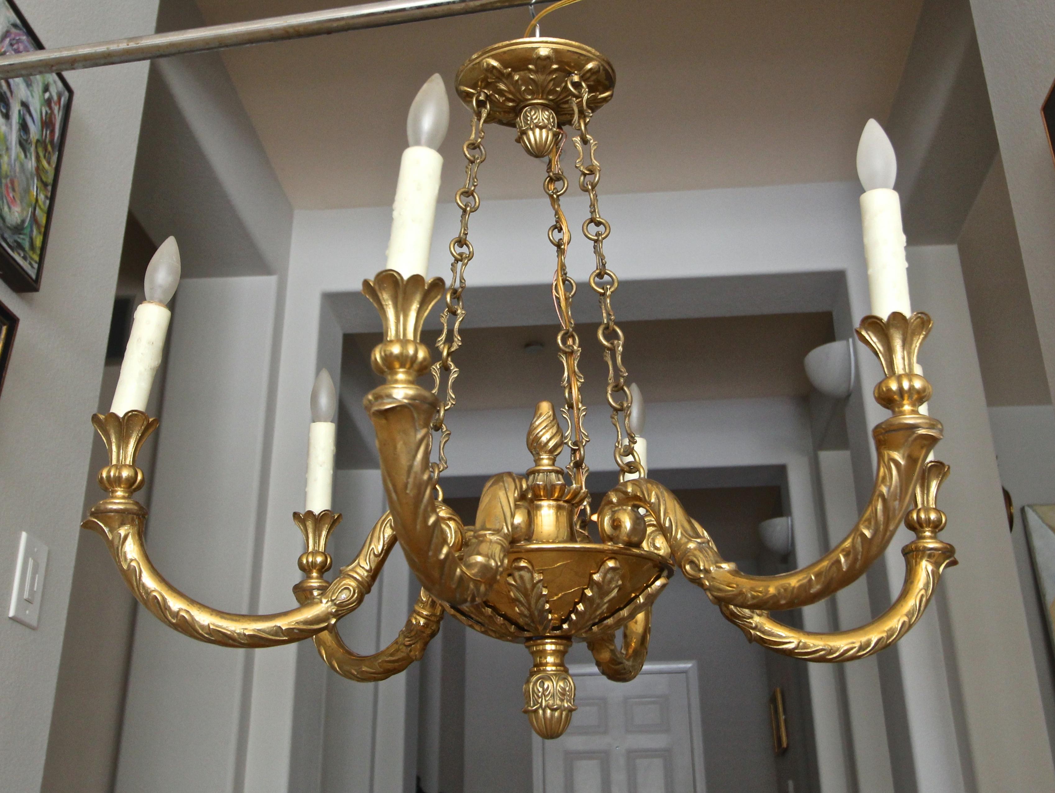 Impressive Italian solid bronze or brass six-arm/light chandelier. Well constructed with fine detailing throughout. Uses 6 candelabra base bulbs.