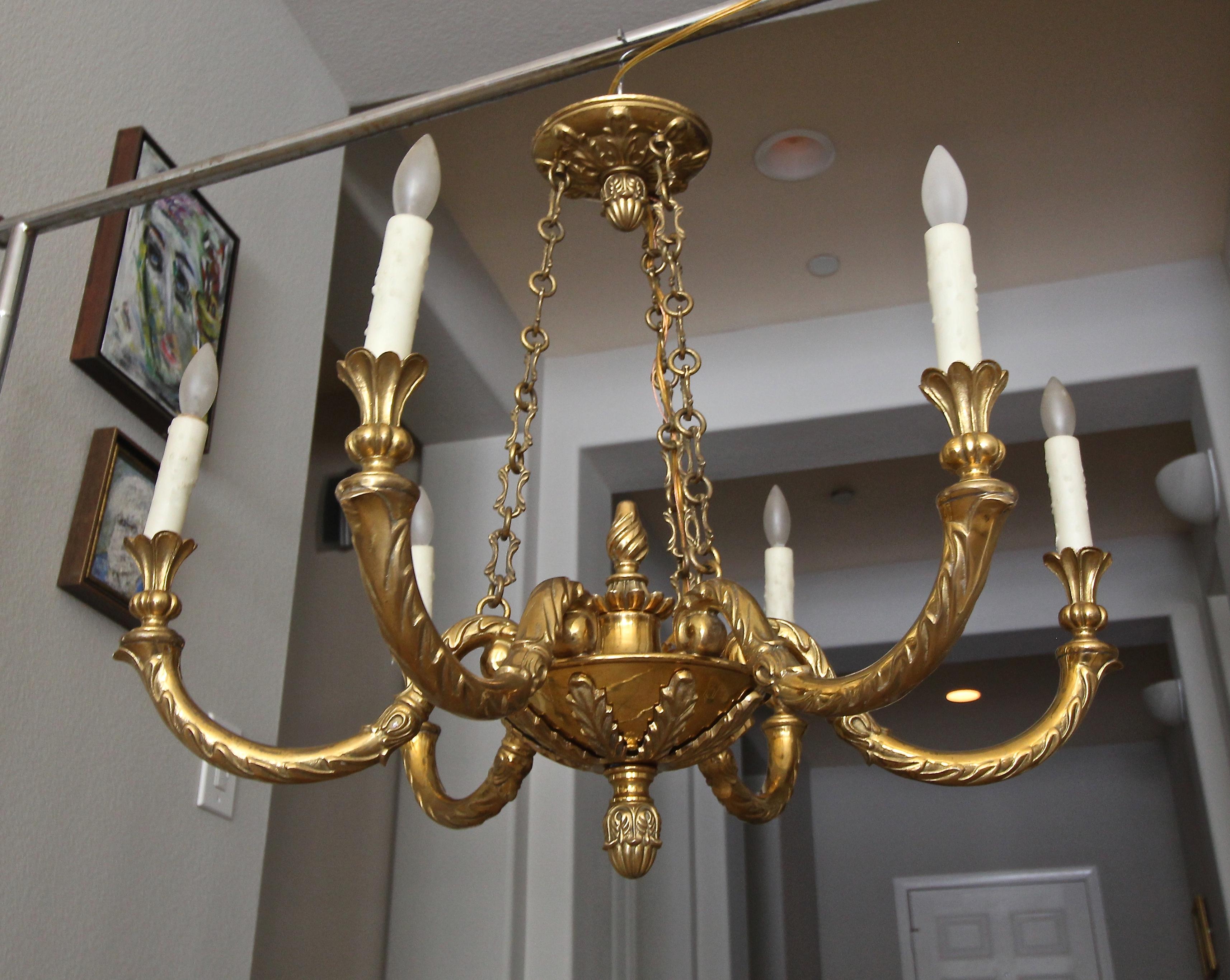 Italian Solid Bronze Six-Light Chandelier In Good Condition In Palm Springs, CA