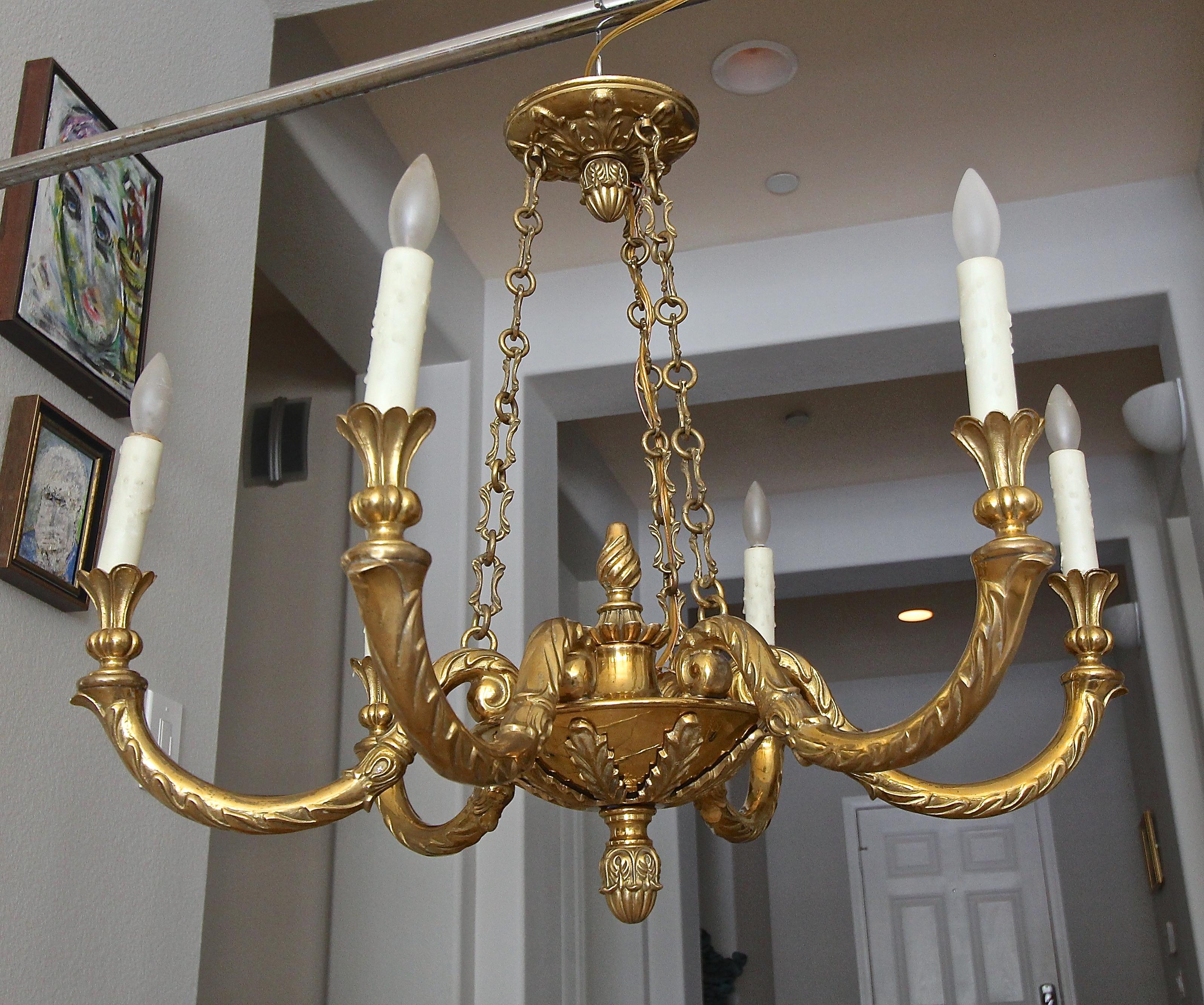 Mid-20th Century Italian Solid Bronze Six-Light Chandelier