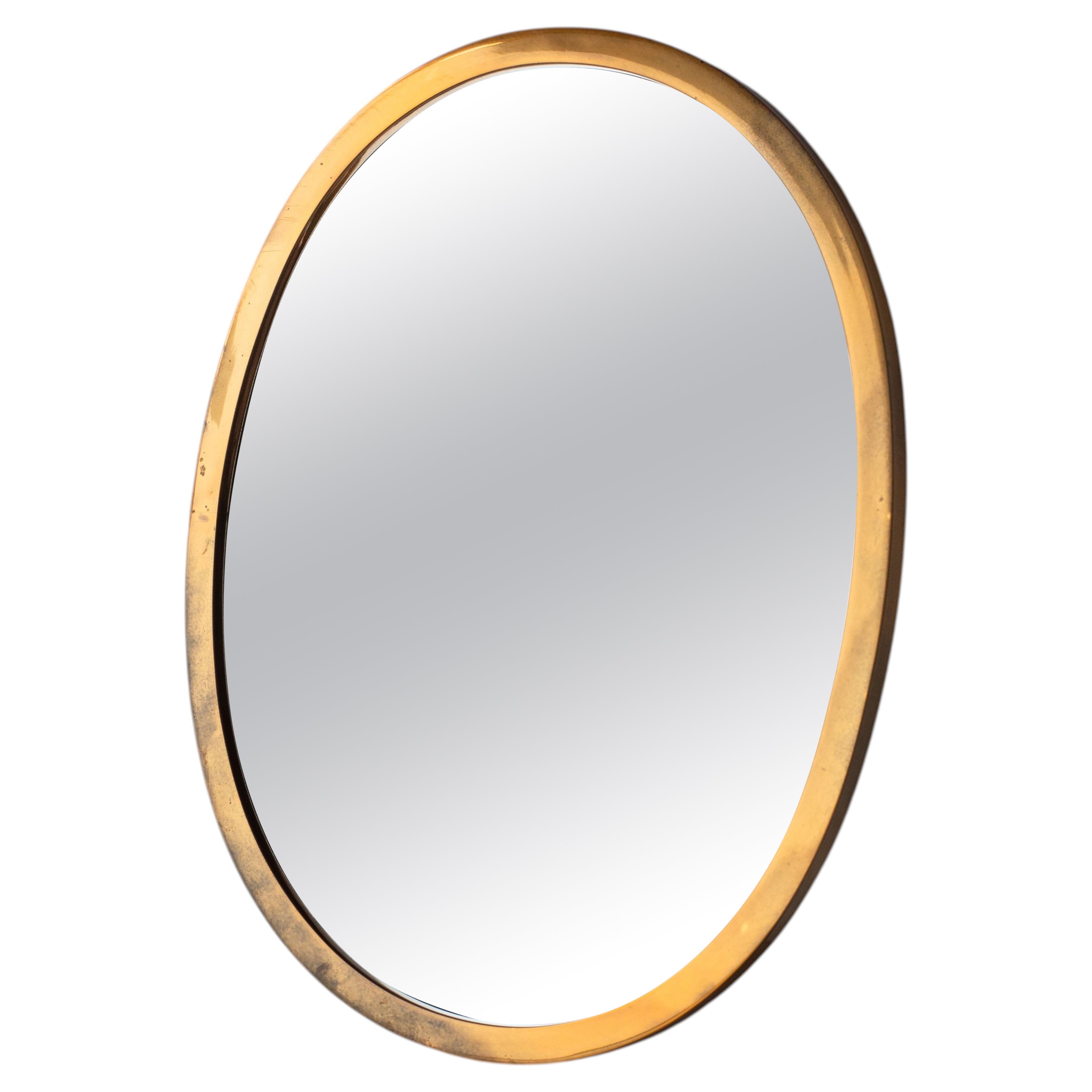 Italian Solid Bronze Wall Mirror - Modernist Oval Brass Patinated Mirror - 1960s