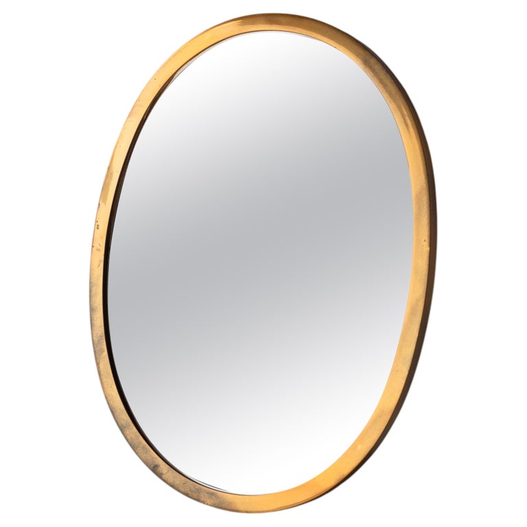 Italian Solid Bronze Wall Mirror - Modernist Oval Brass Patinated Mirror - 1960s