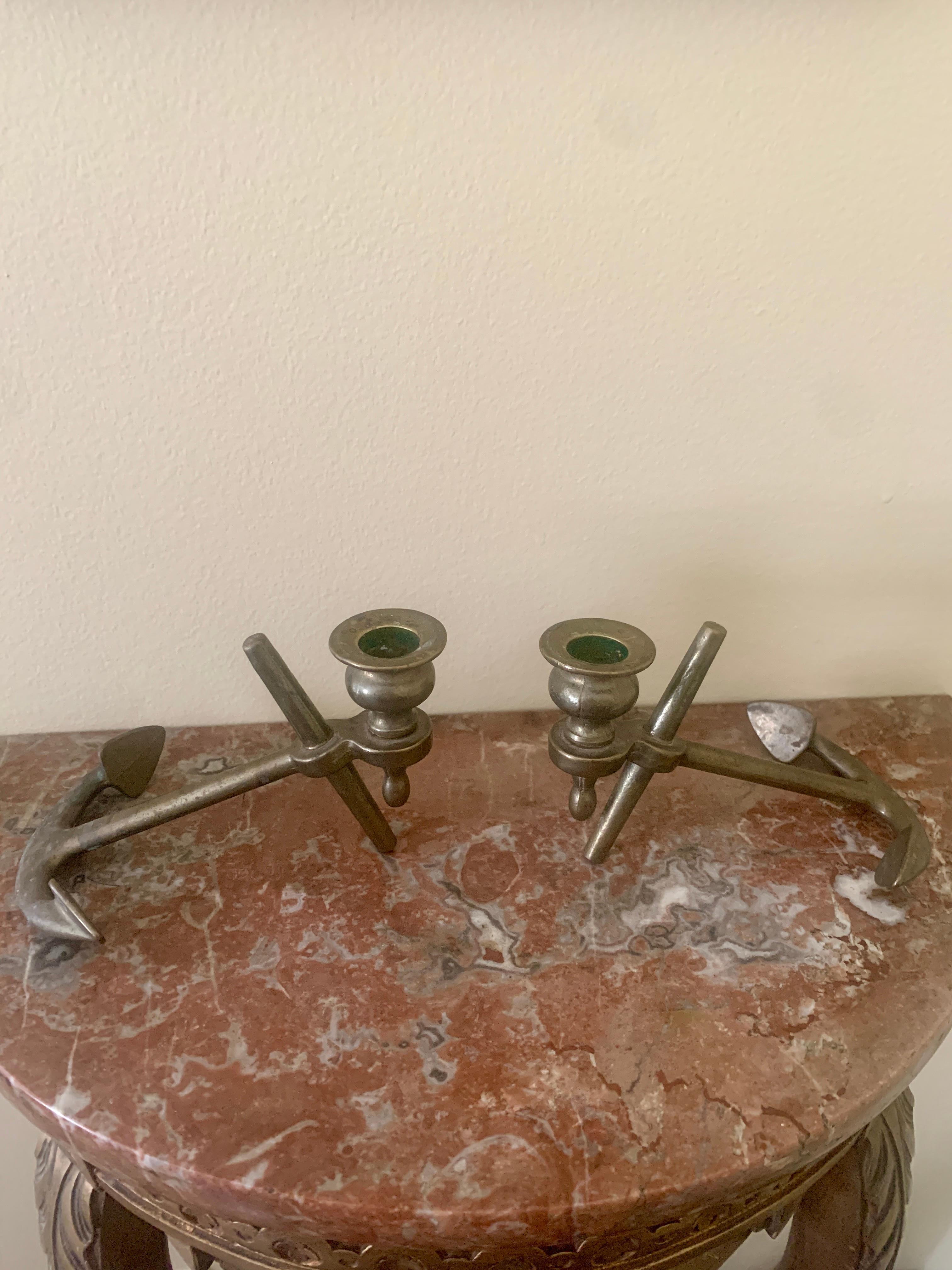 Mid-Century Modern Italian Solid Cast Brass Anchor Candle Holders For Sale
