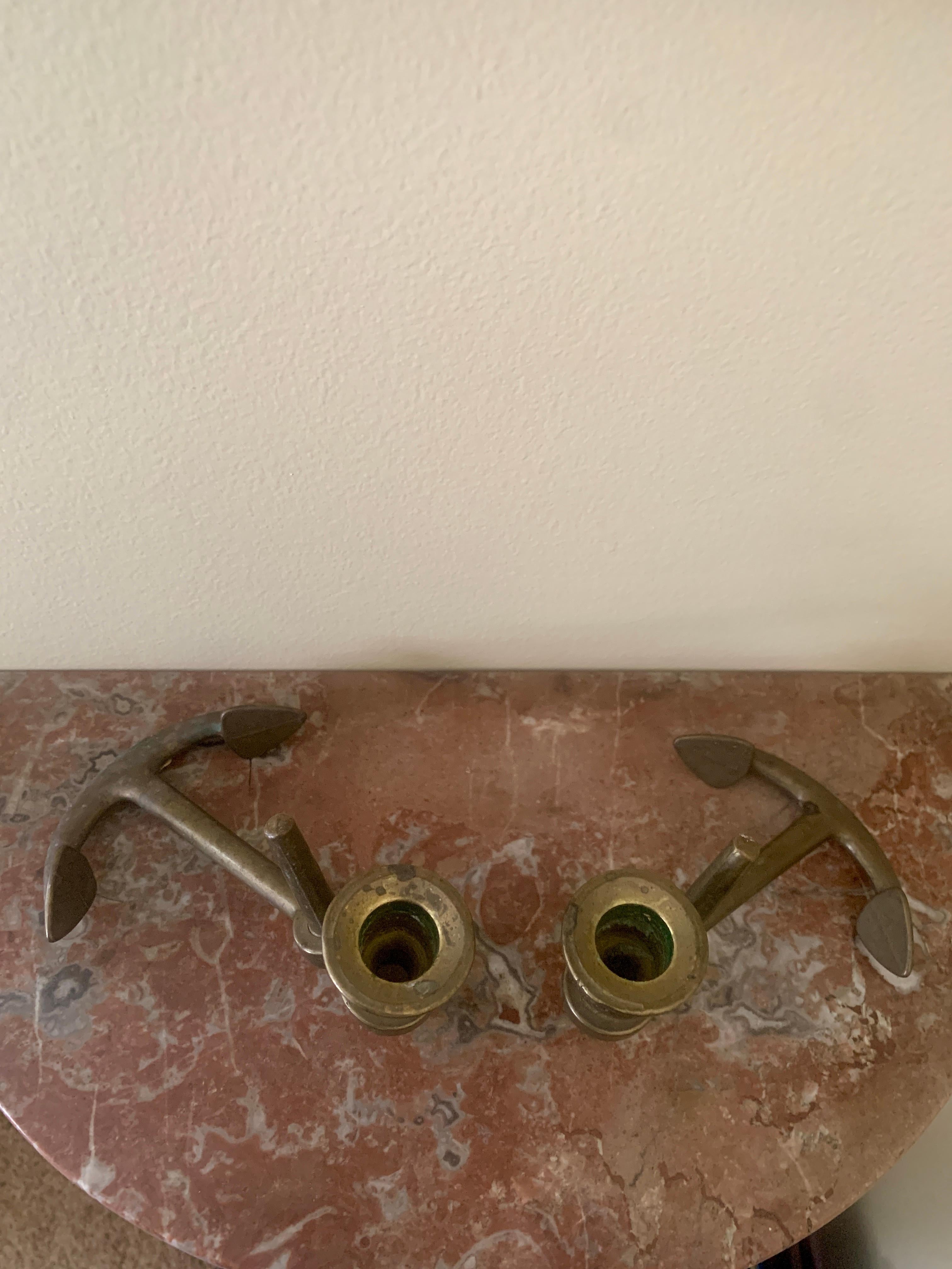 American Italian Solid Cast Brass Anchor Candle Holders For Sale