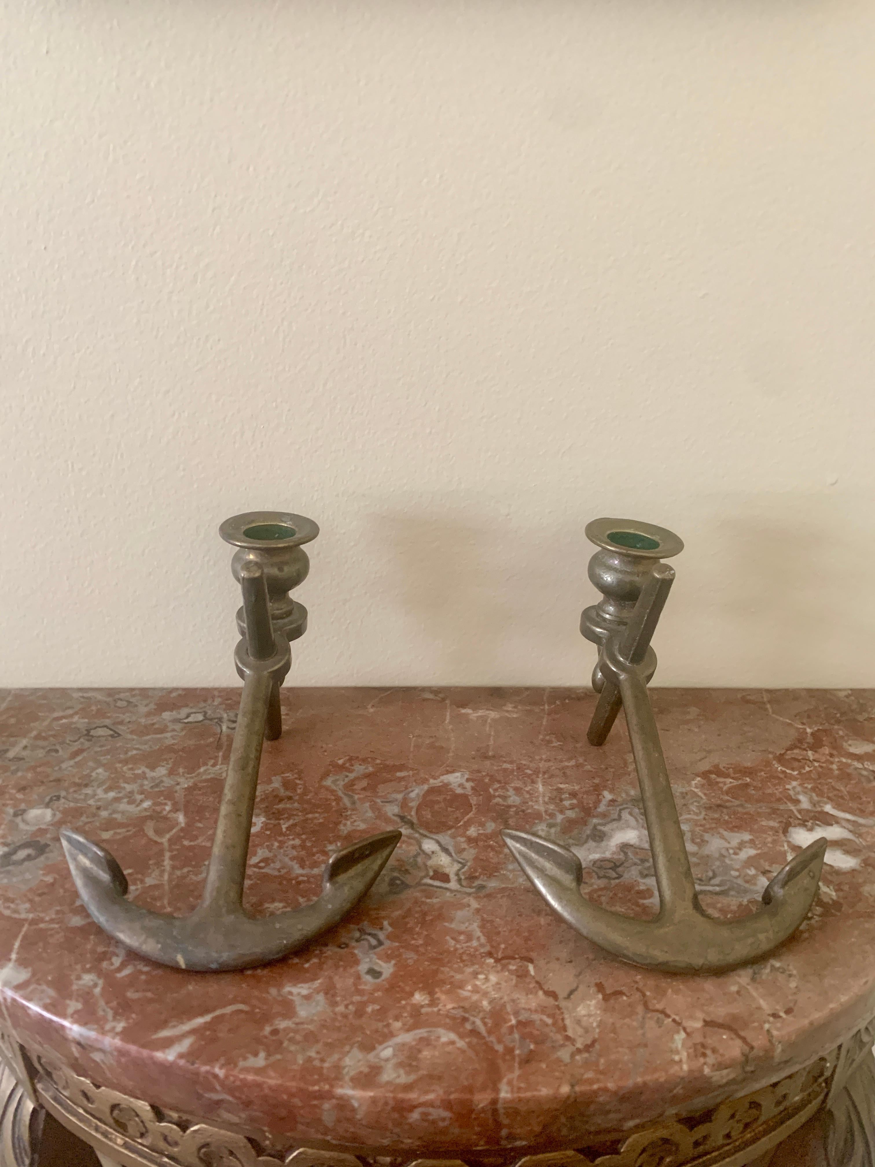 Italian Solid Cast Brass Anchor Candle Holders In Good Condition For Sale In Elkhart, IN