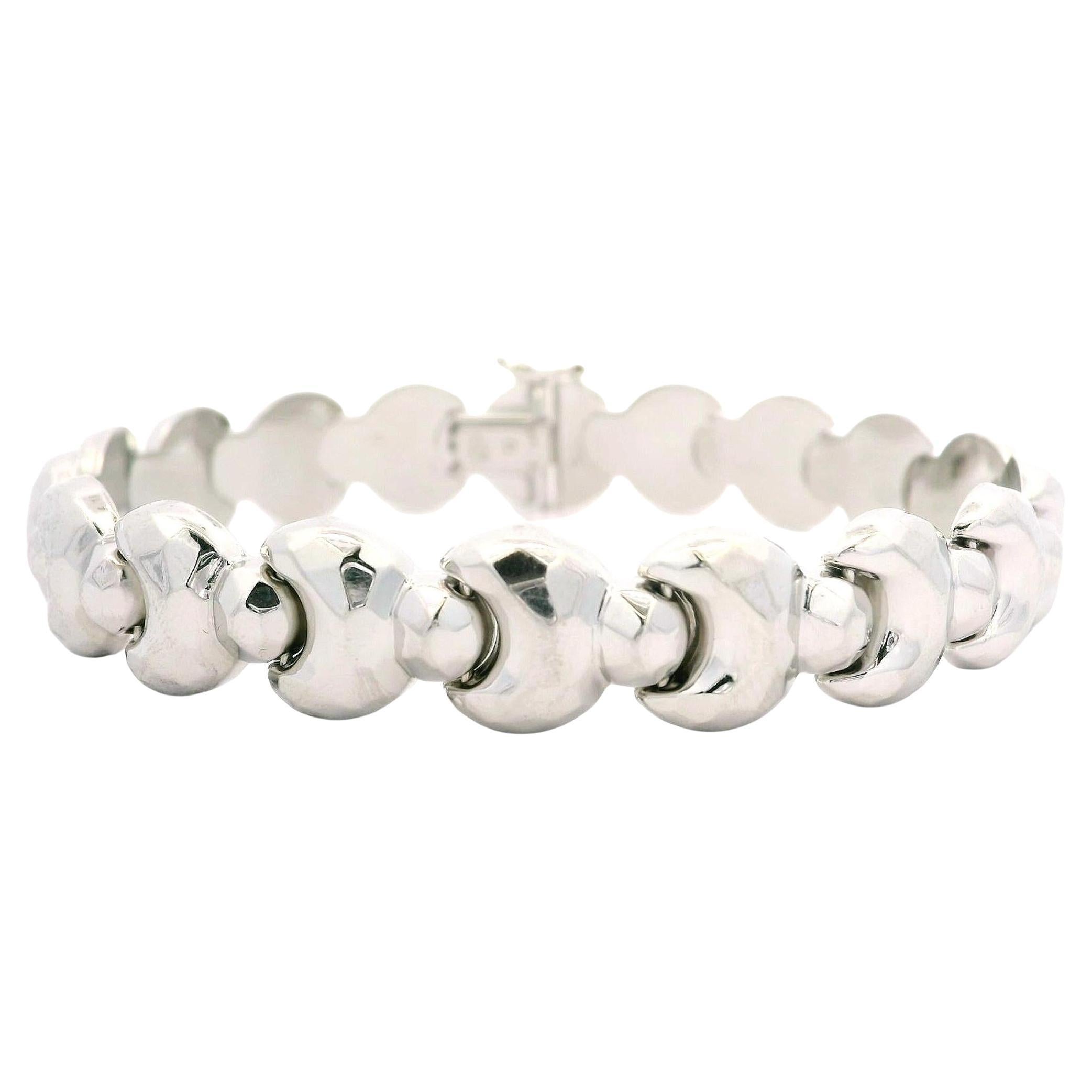 Italienisches massives Unisex-Gliederarmband aus 14k Weißgold, facettierte gewölbte Kreis-Gliederarmband