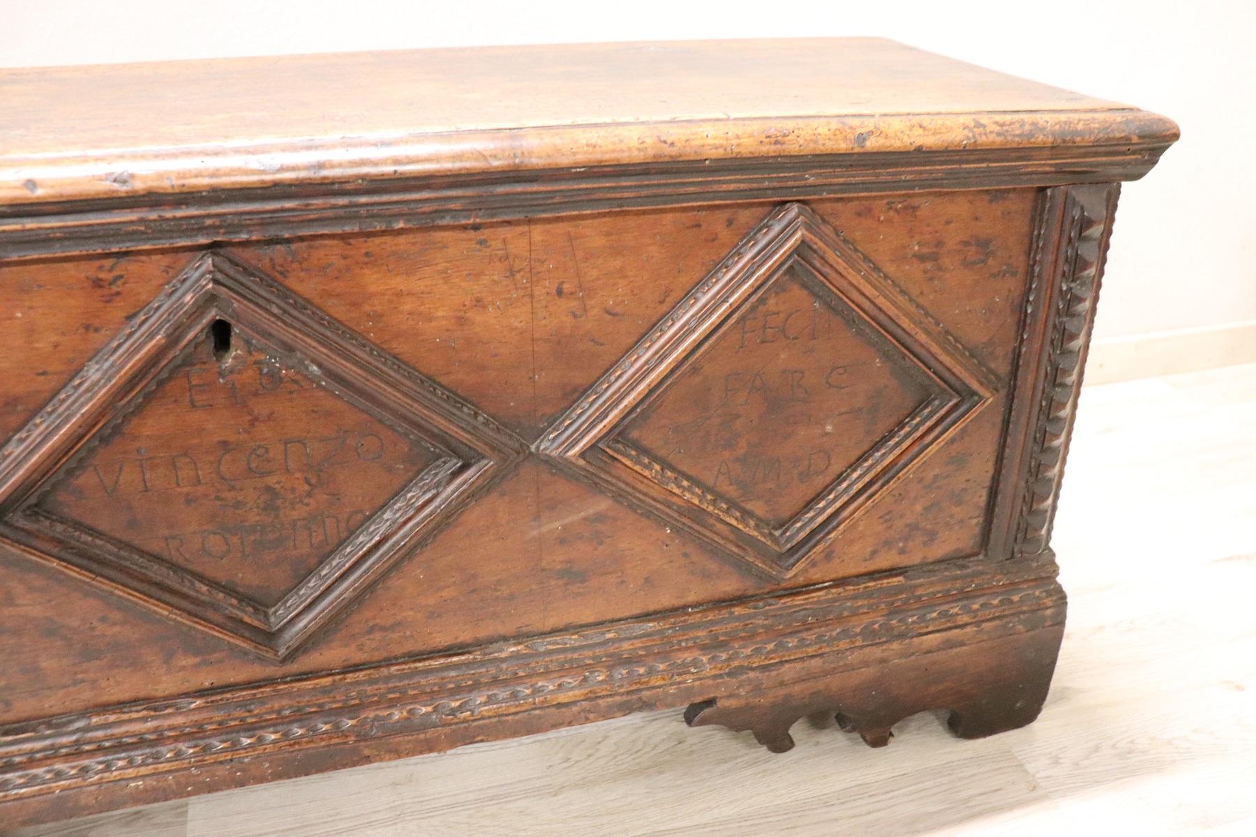 Late 18th Century Italian Solid Walnut Antique Blanket Chest, Date Engraved, 1788