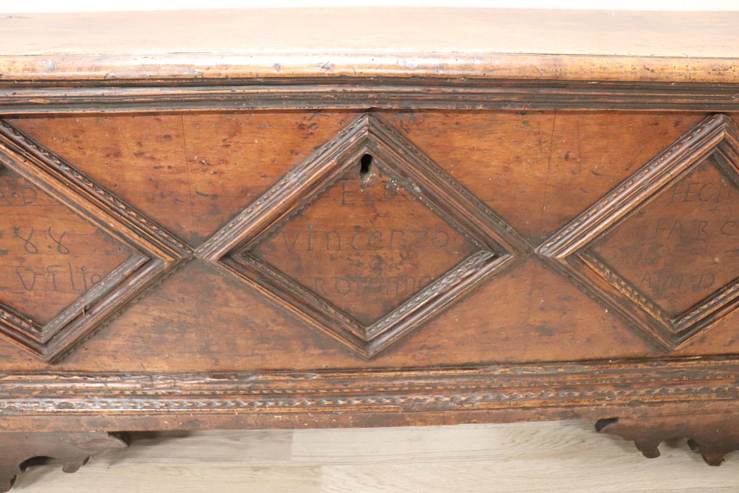 Italian Solid Walnut Antique Blanket Chest, Date Engraved, 1788 1