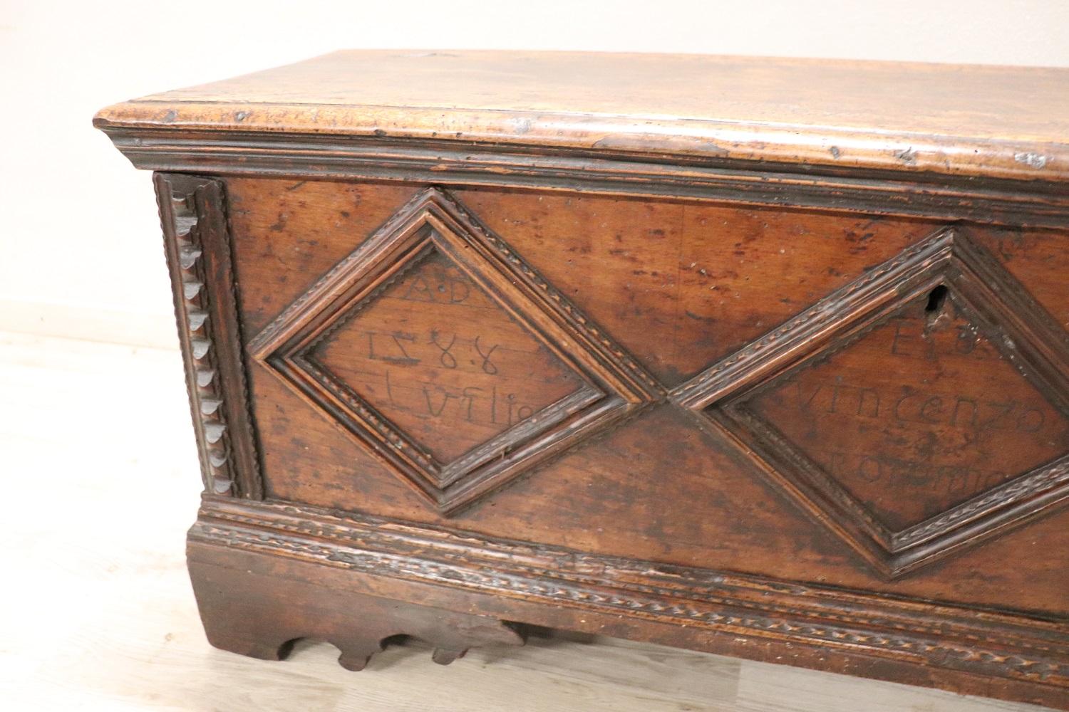 Italian Solid Walnut Antique Blanket Chest, Date Engraved, 1788 2