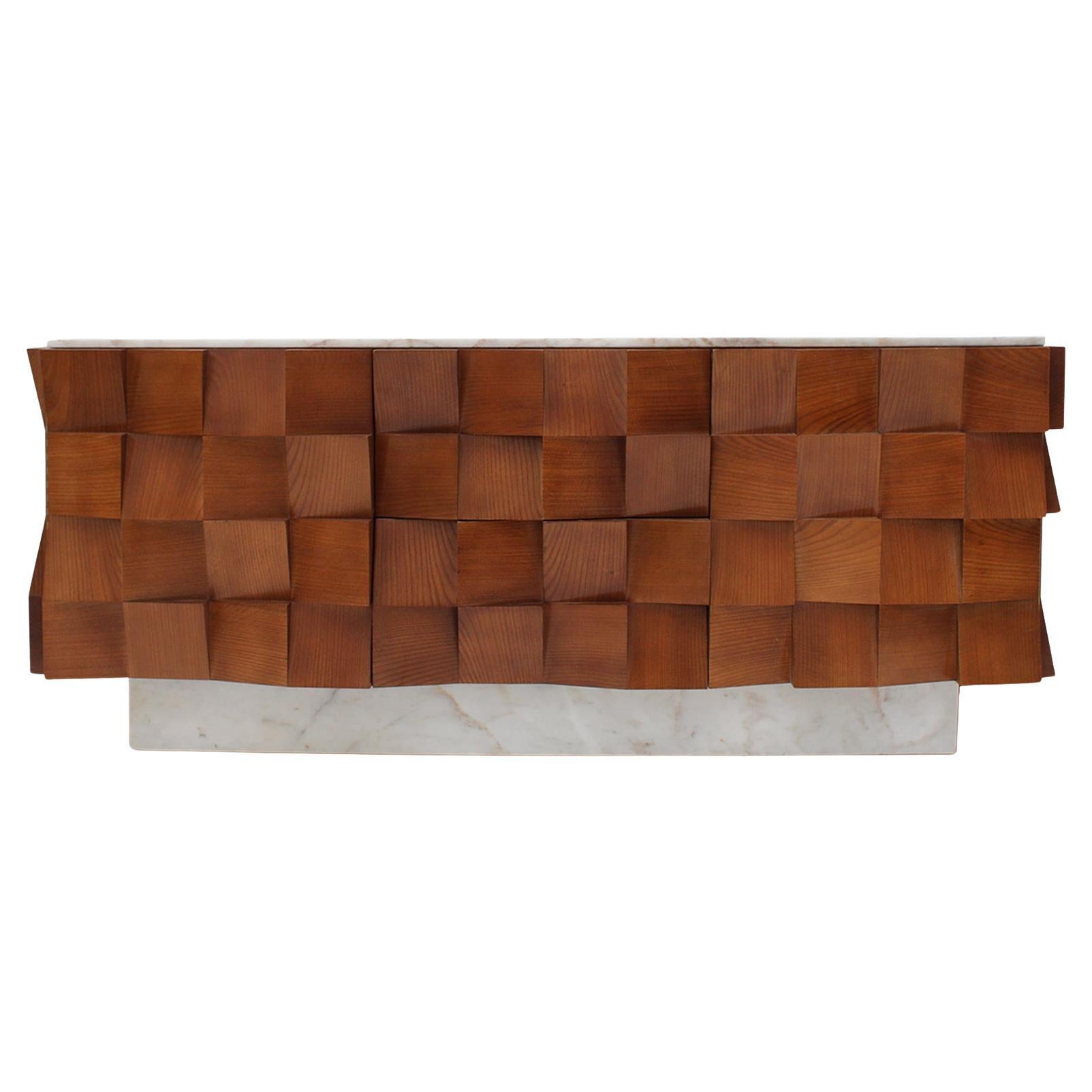 Buffet de style brutaliste en bois massif et marbre de Sienne en vente