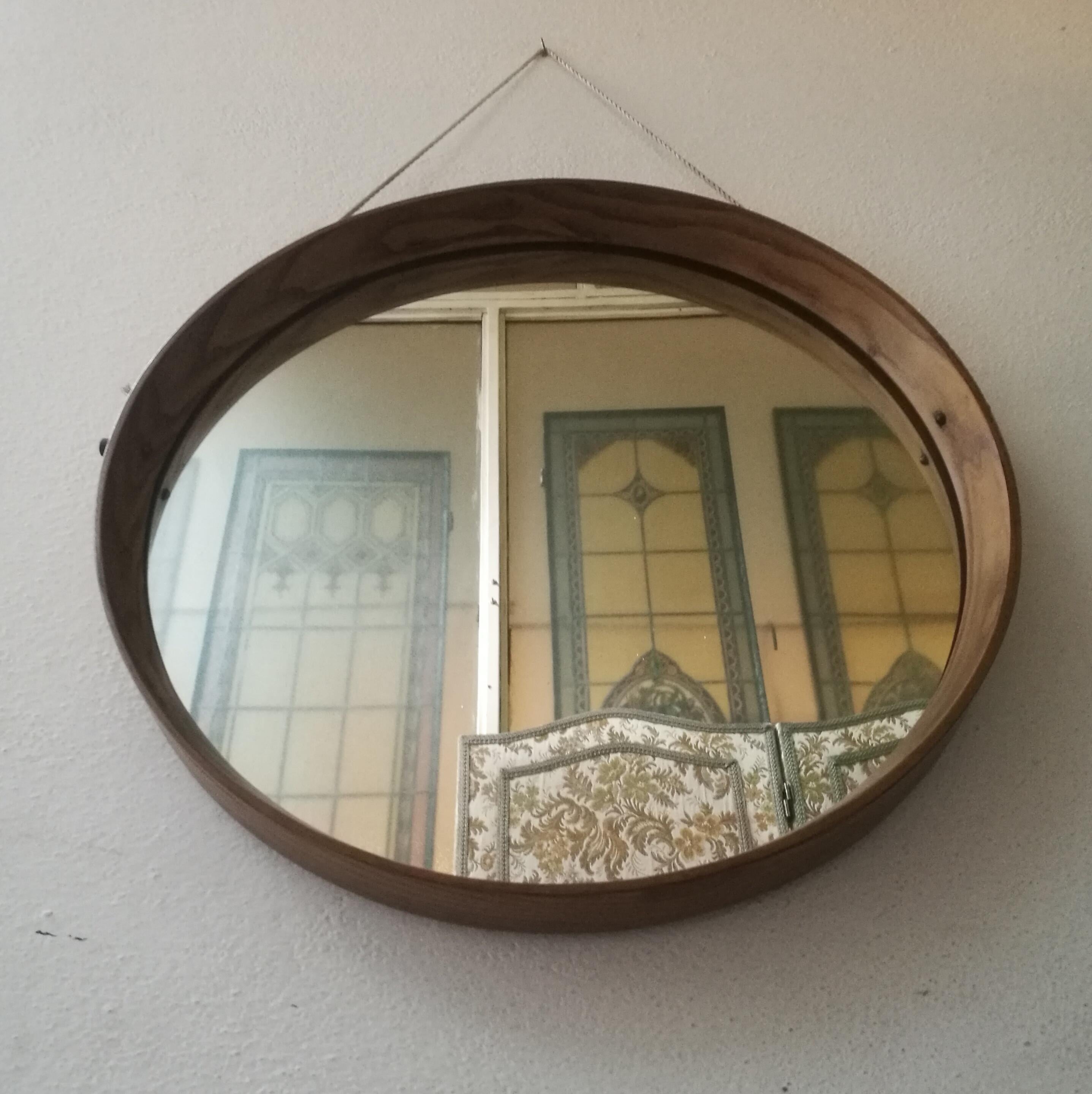 Italian Solid Wood Round Mirror, 1960s 1