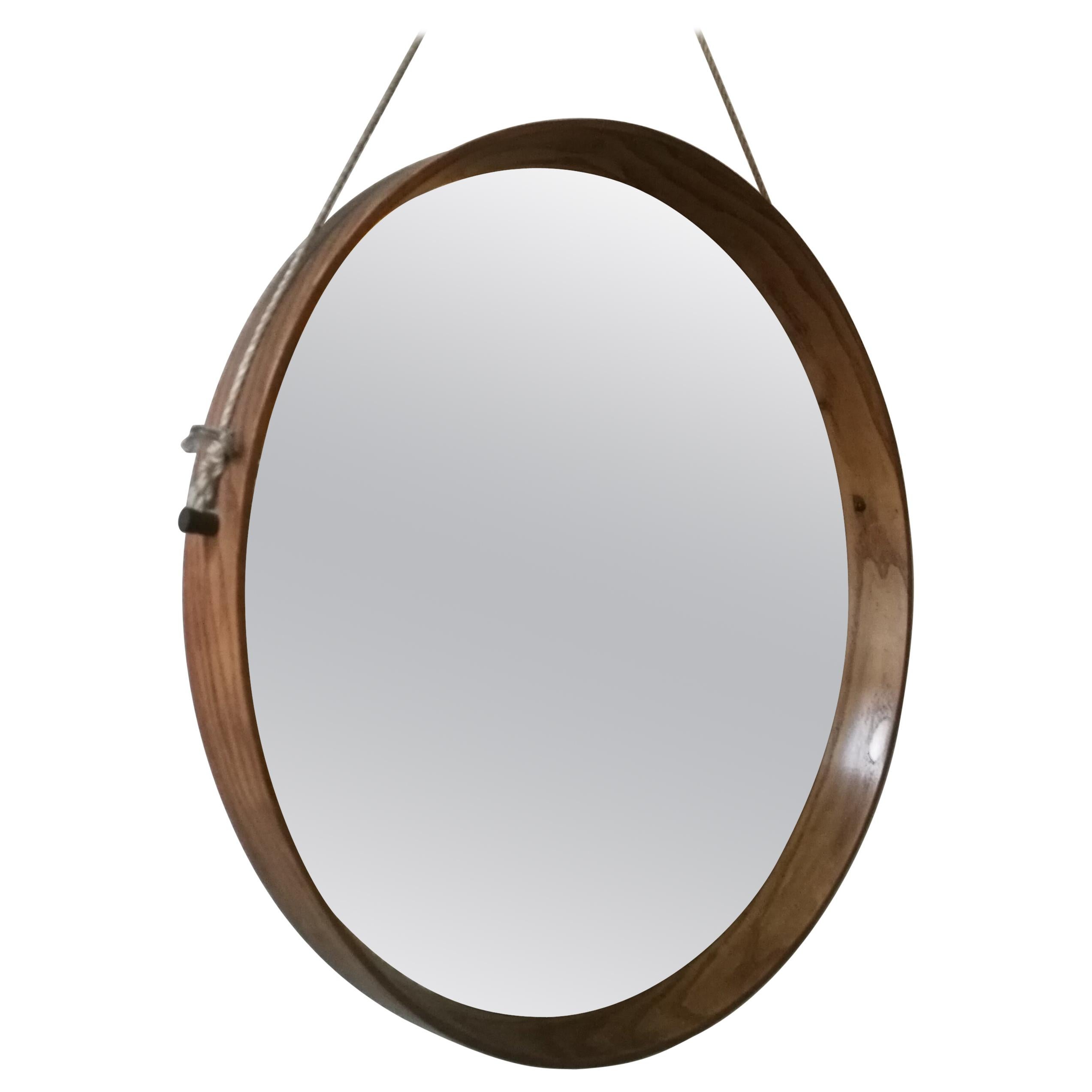 Italian Solid Wood Round Mirror, 1960s