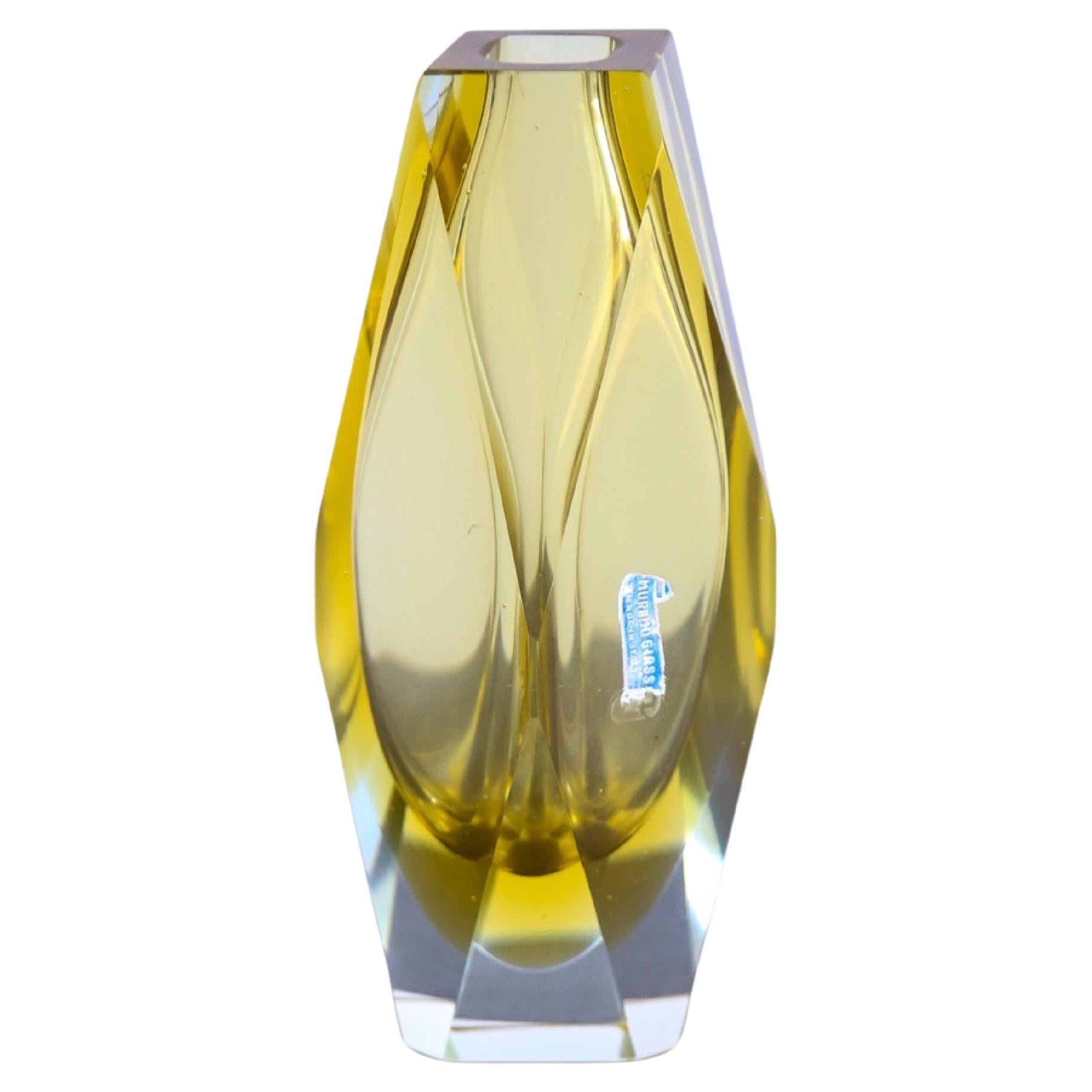 Italian Sommerso Murano Glass Yellow Vase For Sale