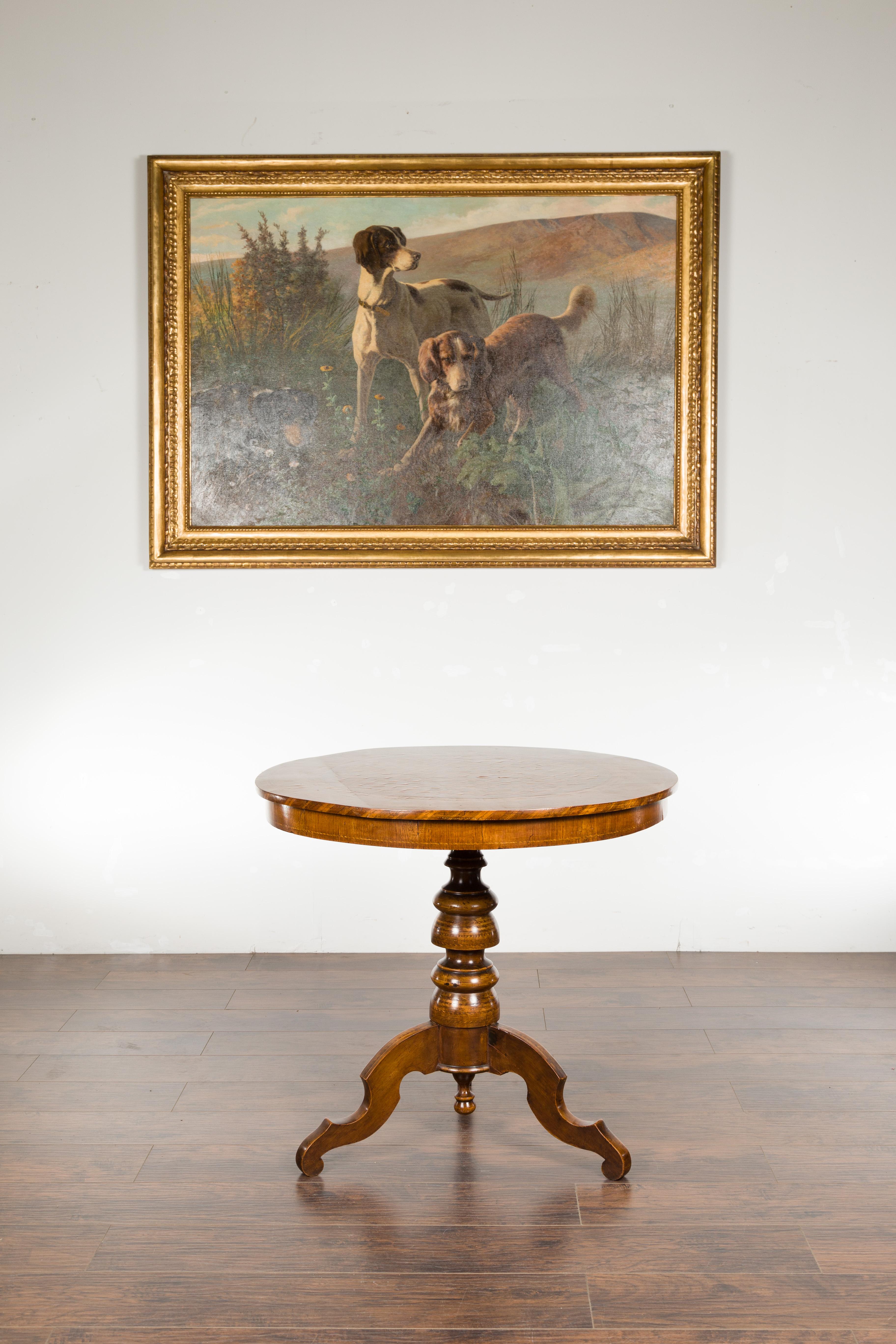 Italian Sorrento 1880s Walnut Pedestal Table with Marquetry Top and Tripod Base In Good Condition In Atlanta, GA