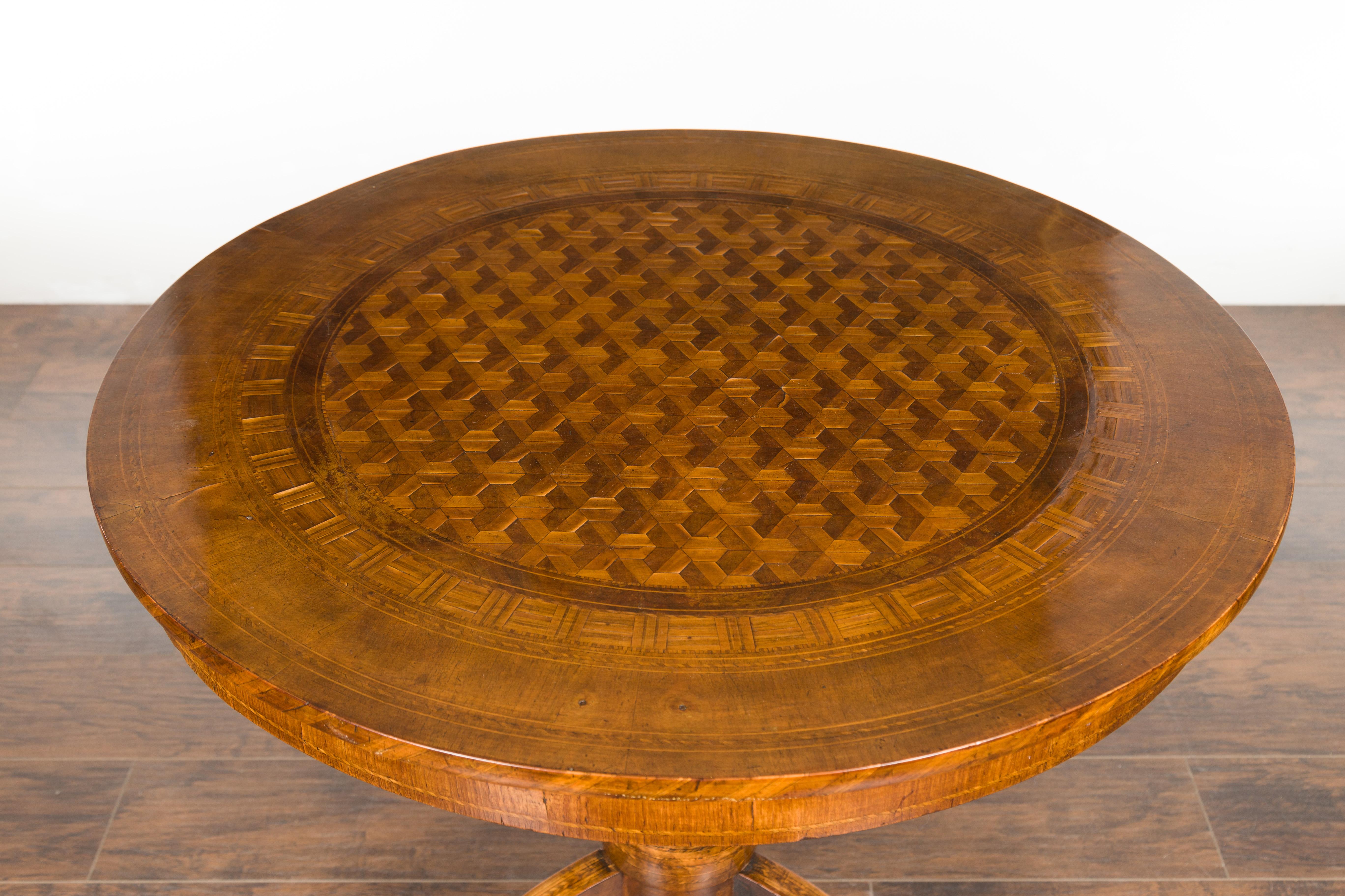 19th Century Italian Sorrento 1880s Walnut Pedestal Table with Marquetry Top and Tripod Base