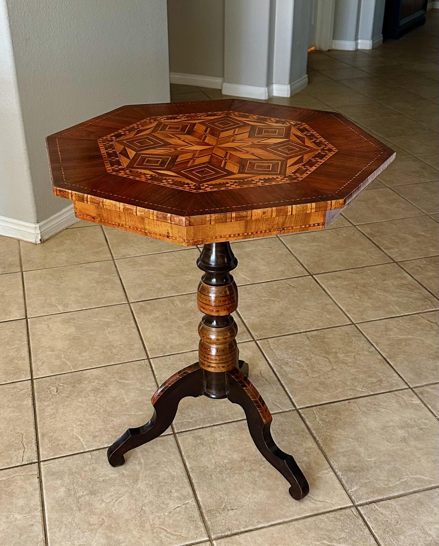 Italian Sorrento octagon side table made of maple and fruitwood Inlaid marquetry.