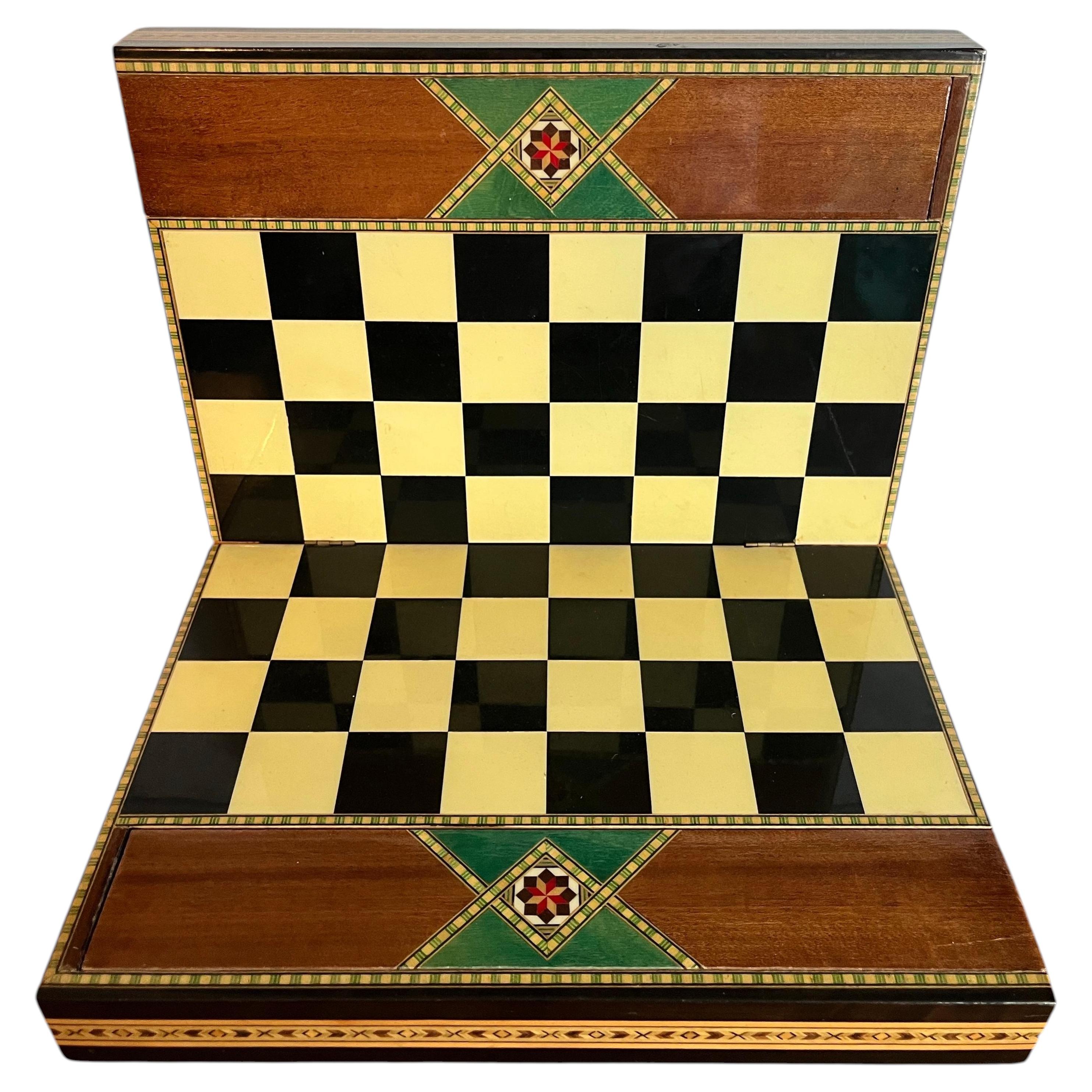 Italian Sorrento Marquetry Folding Chess Game Box with Hidden Drawers For Sale