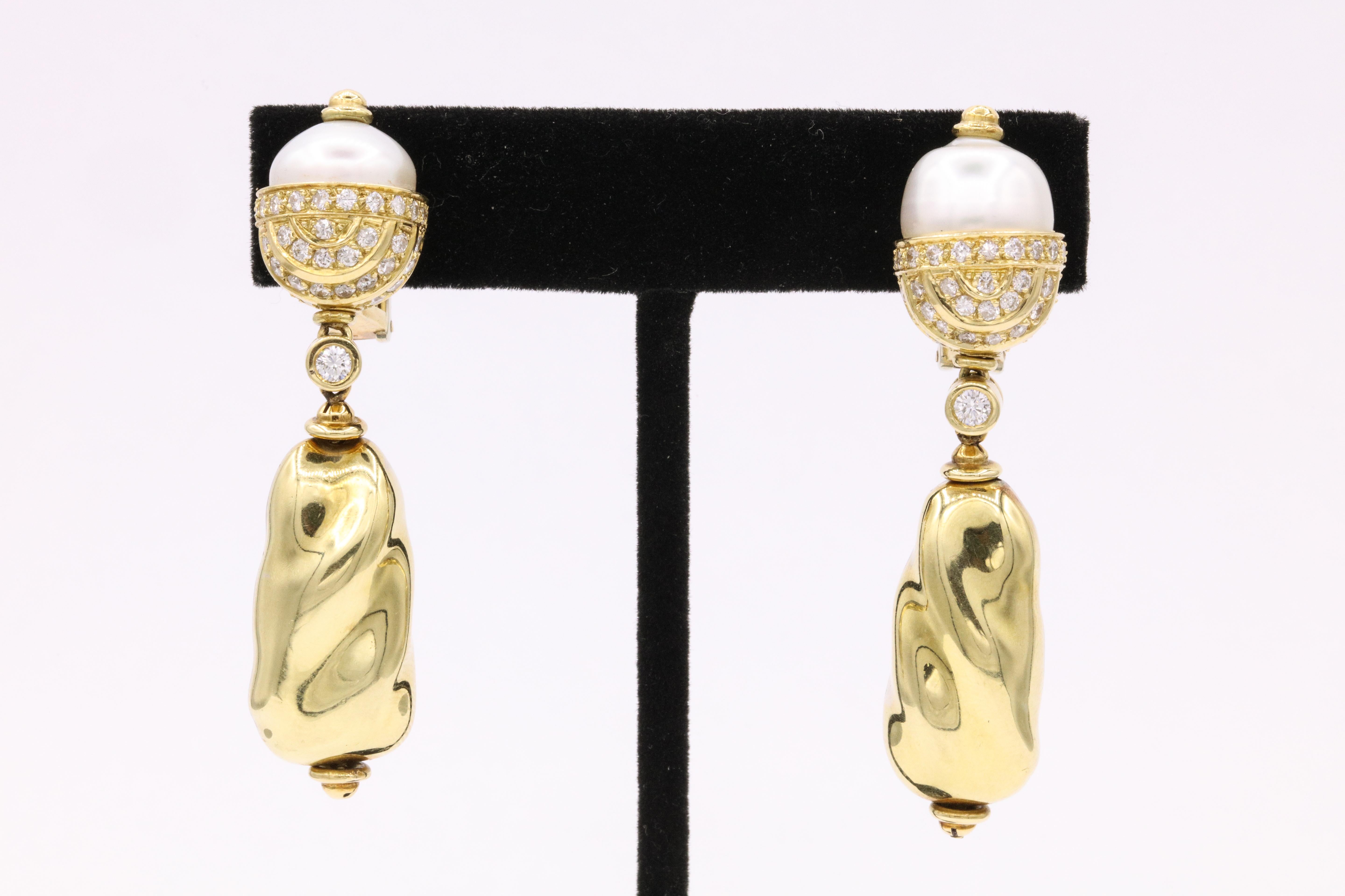 Round Cut Italian South Sea Diamond Reversible Earrings 18 Karat Yellow Gold