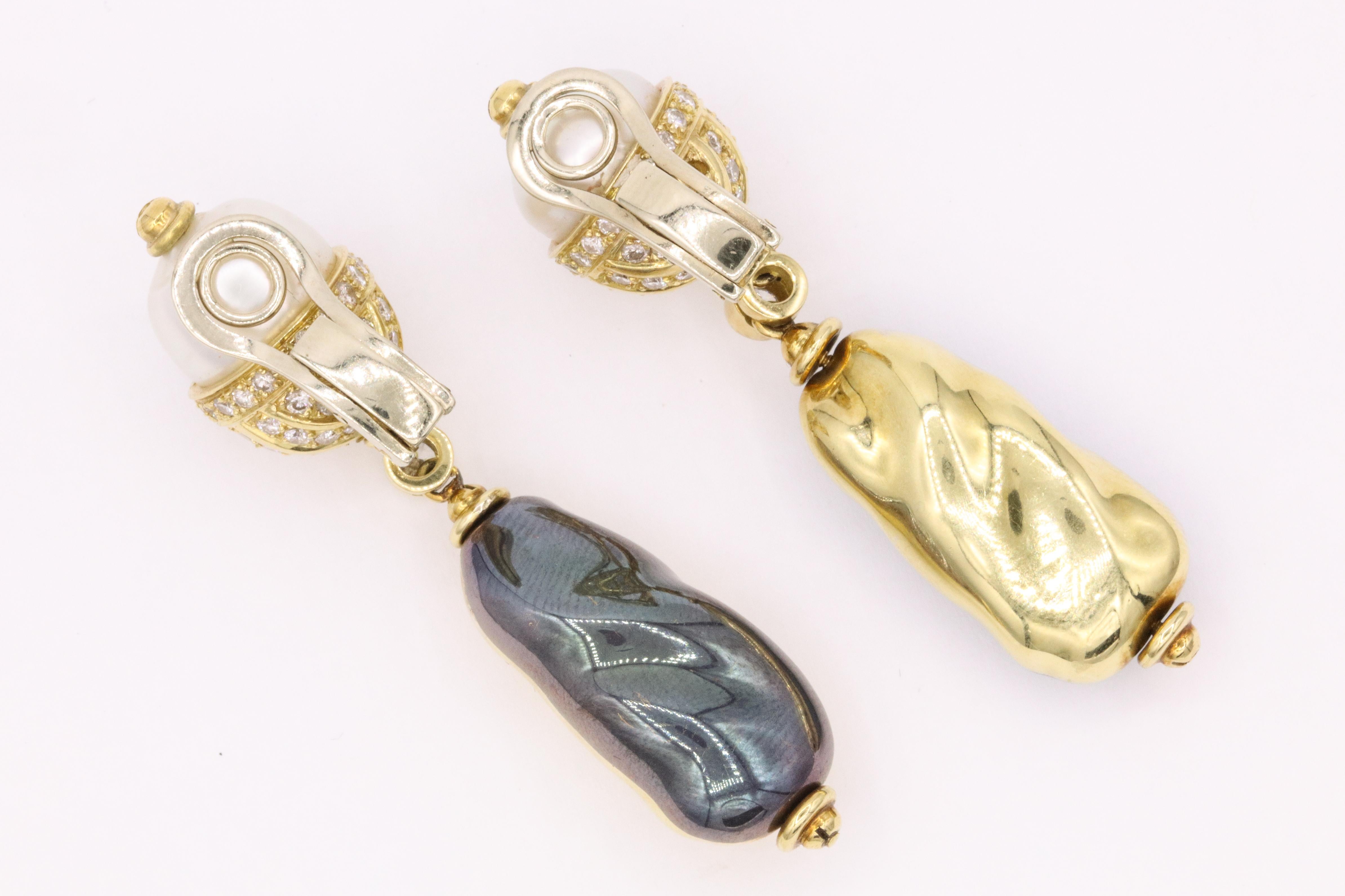 Italian South Sea Diamond Reversible Earrings 18 Karat Yellow Gold 1
