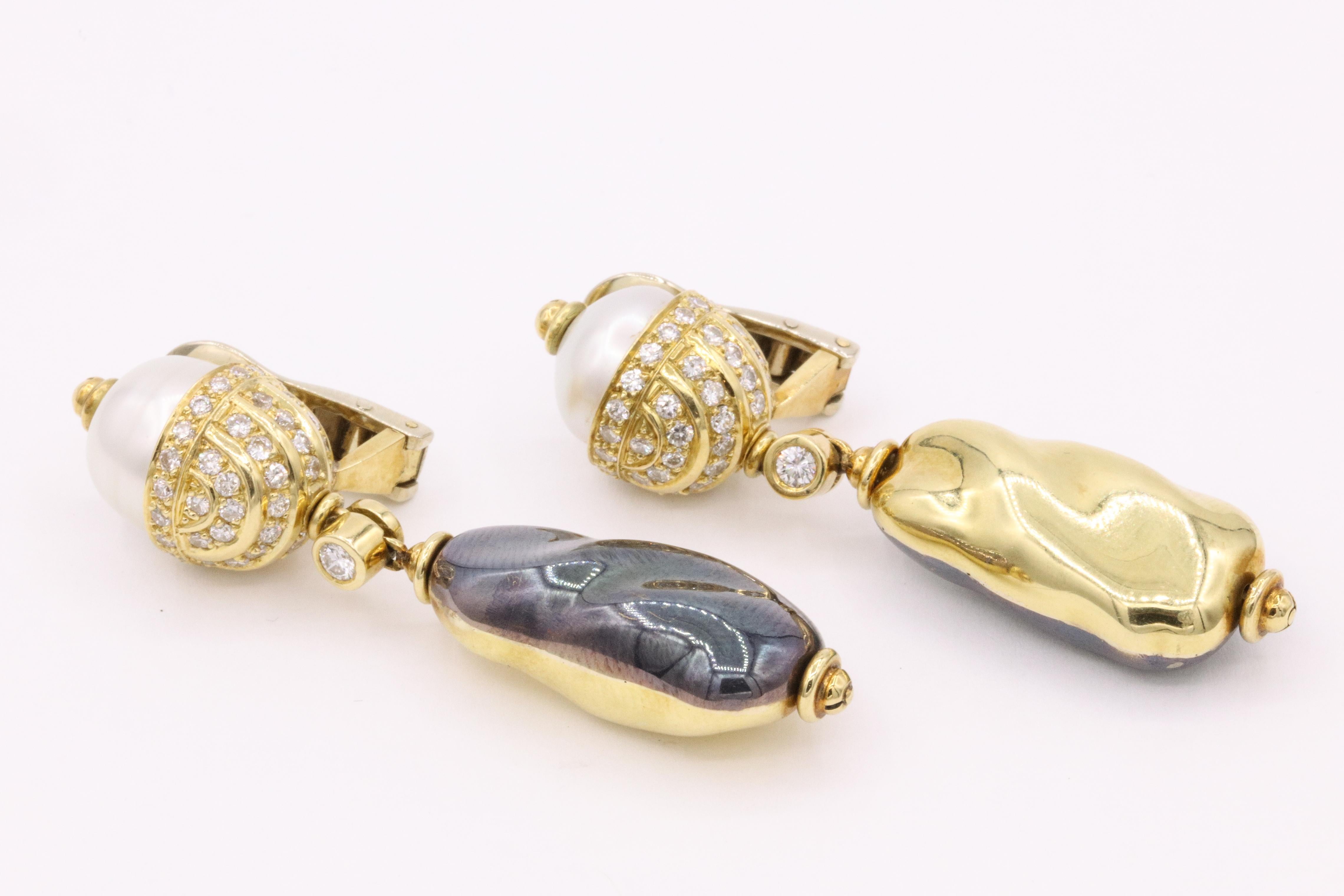 Italian South Sea Diamond Reversible Earrings 18 Karat Yellow Gold 2