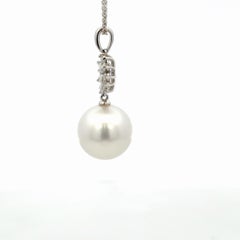 Italian South Sea Pearl Diamond Snowflake Pendant Necklace 0.37 Cts 13mm 18K