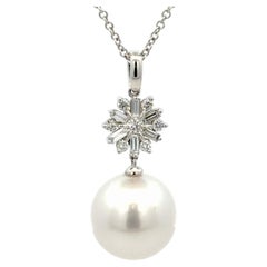 Italian South Sea Pearl Diamond Snowflake Pendant Necklace 0.37 Cts 13mm 18K