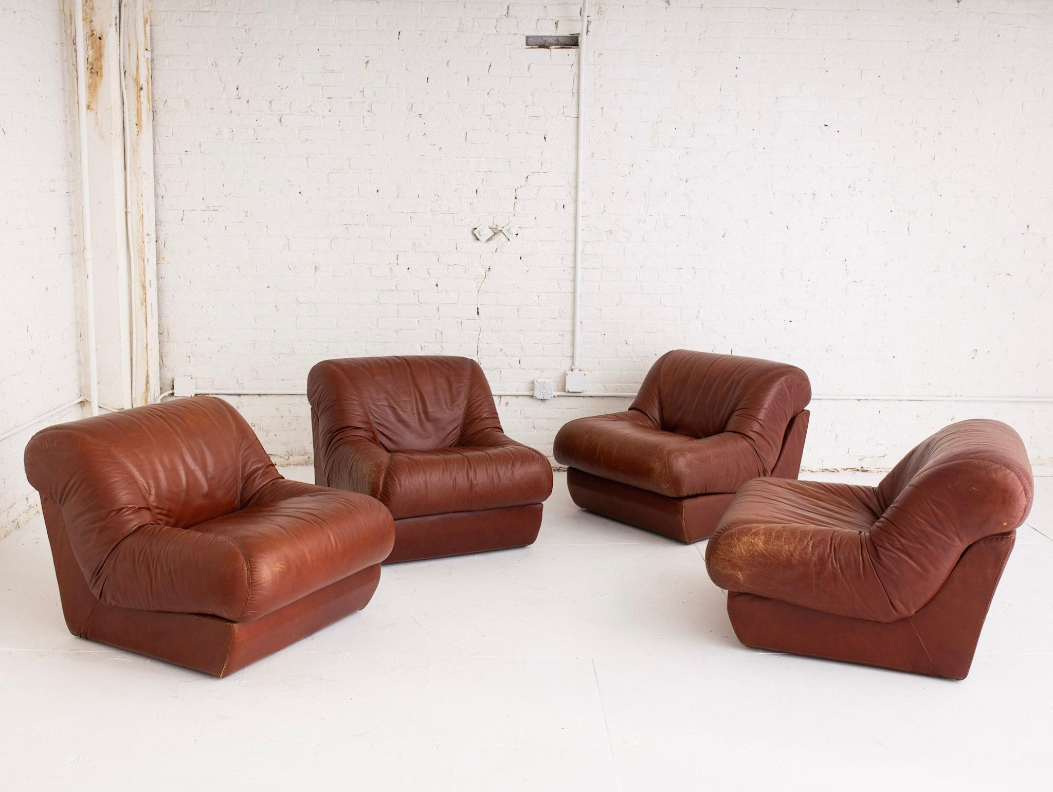 Italian Space Age 4 Piece Modular Sofa in Caramel Leather In Fair Condition In Brooklyn, NY