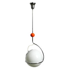 Vintage Italian Space Age 60s Chromed Tubular Steel Pendant Lamp with a Large Glass Ball