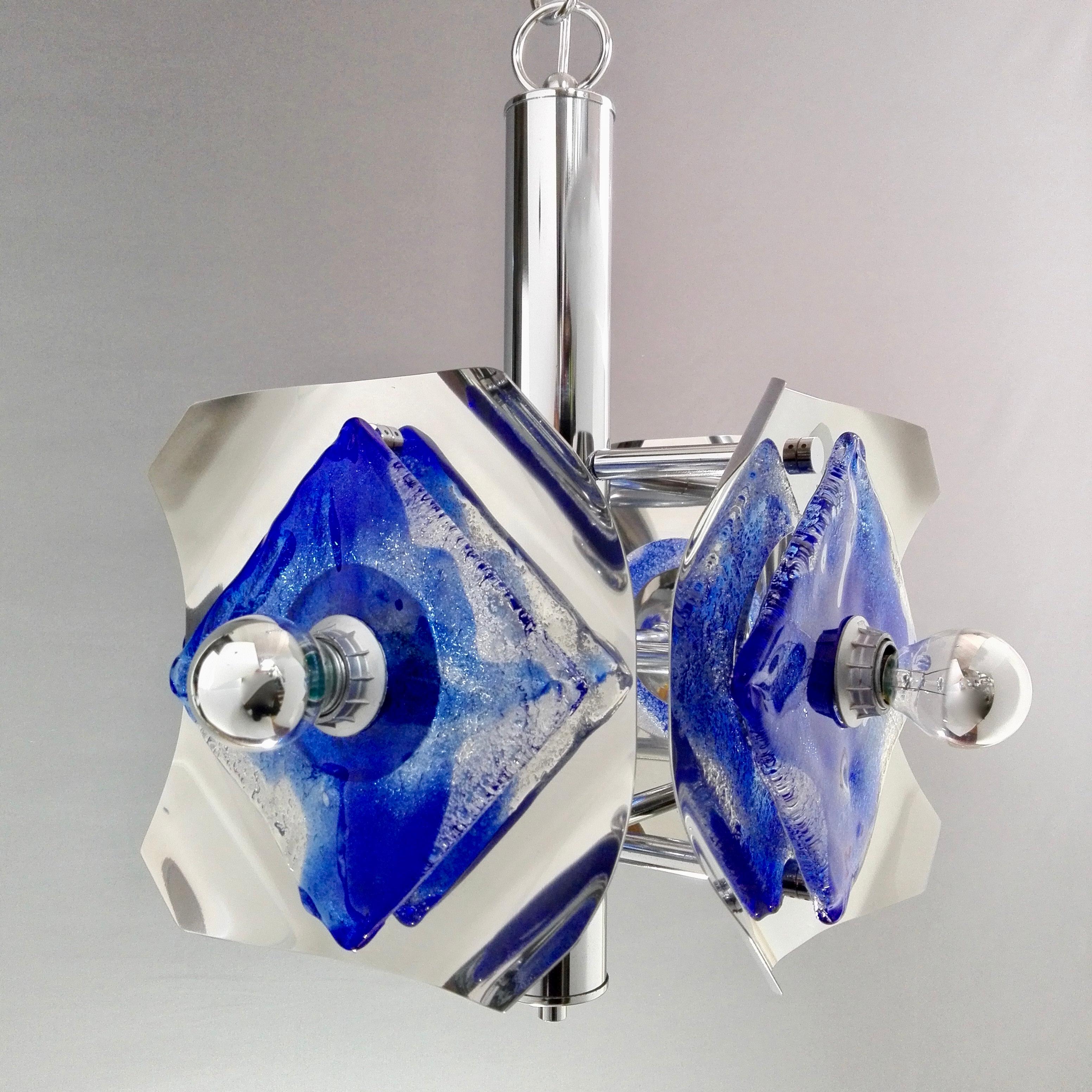 Italian 1970s Mazzega Space Age Four-Light Pendant Lamp in Chrome and Murano Art Glass