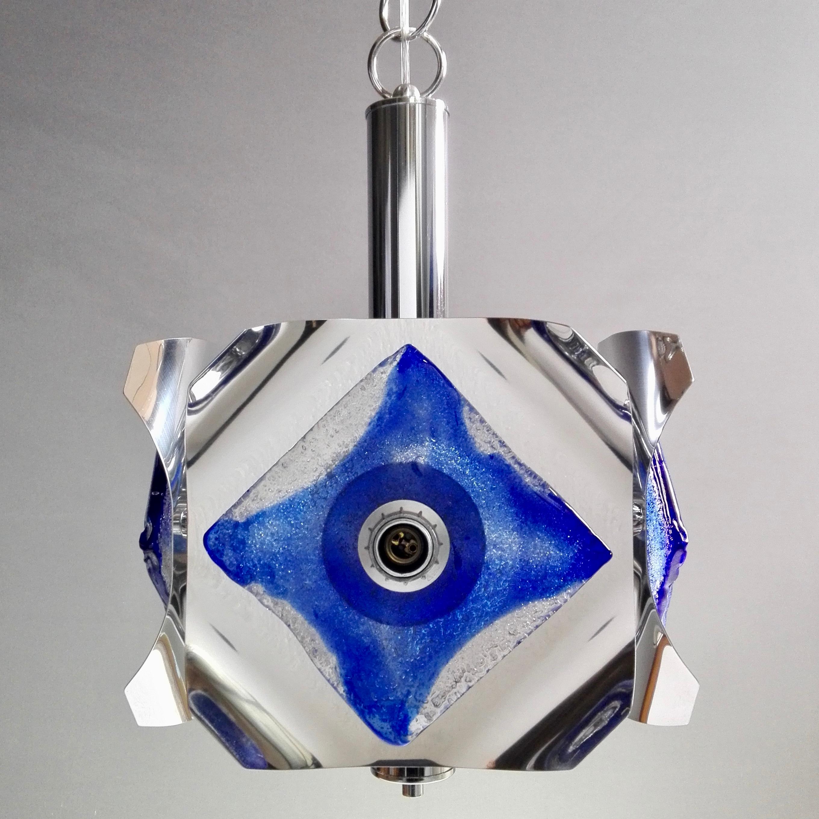 Galvanized 1970s Mazzega Space Age Four-Light Pendant Lamp in Chrome and Murano Art Glass