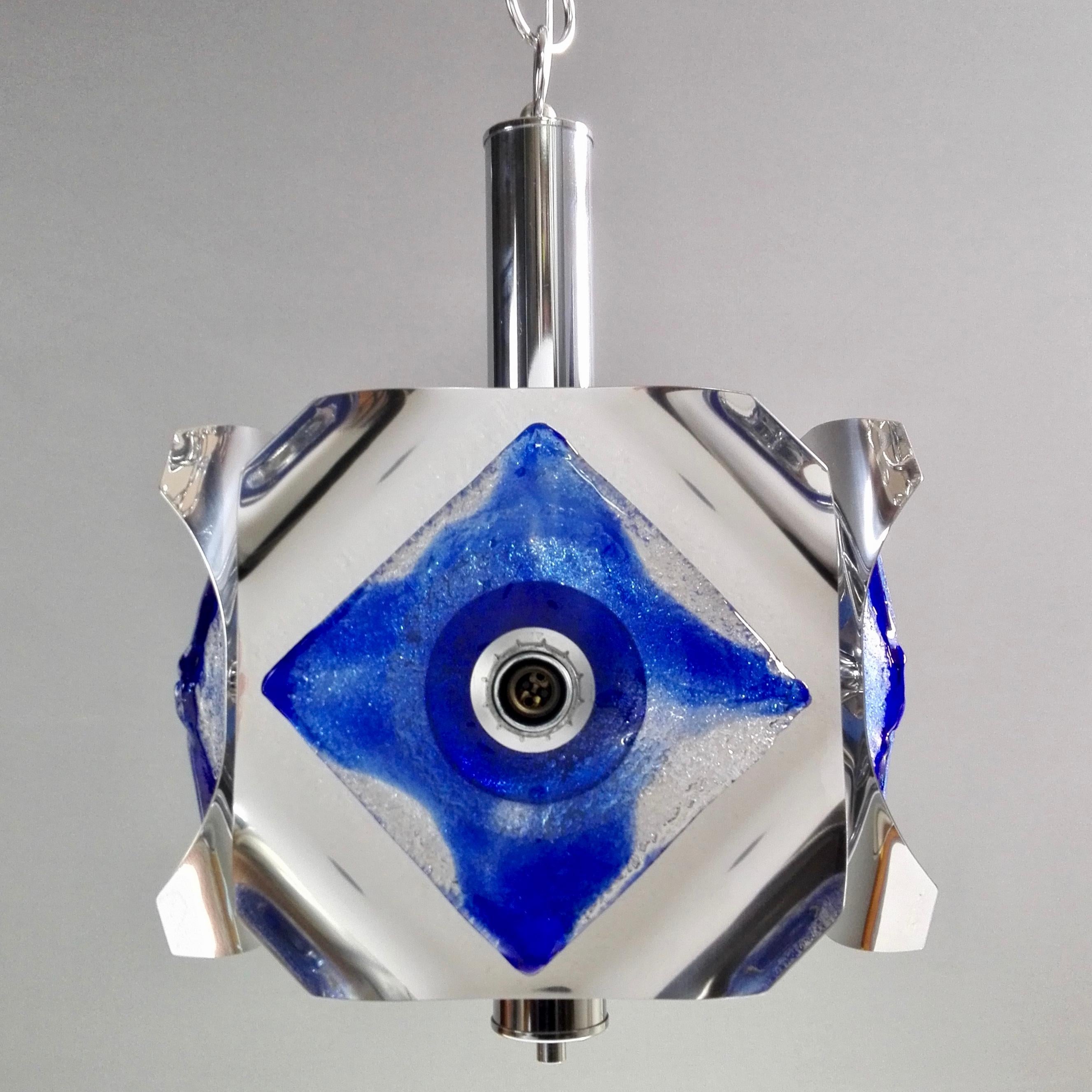 1970s Mazzega Space Age Four-Light Pendant Lamp in Chrome and Murano Art Glass In Good Condition In Caprino Veronese, VR