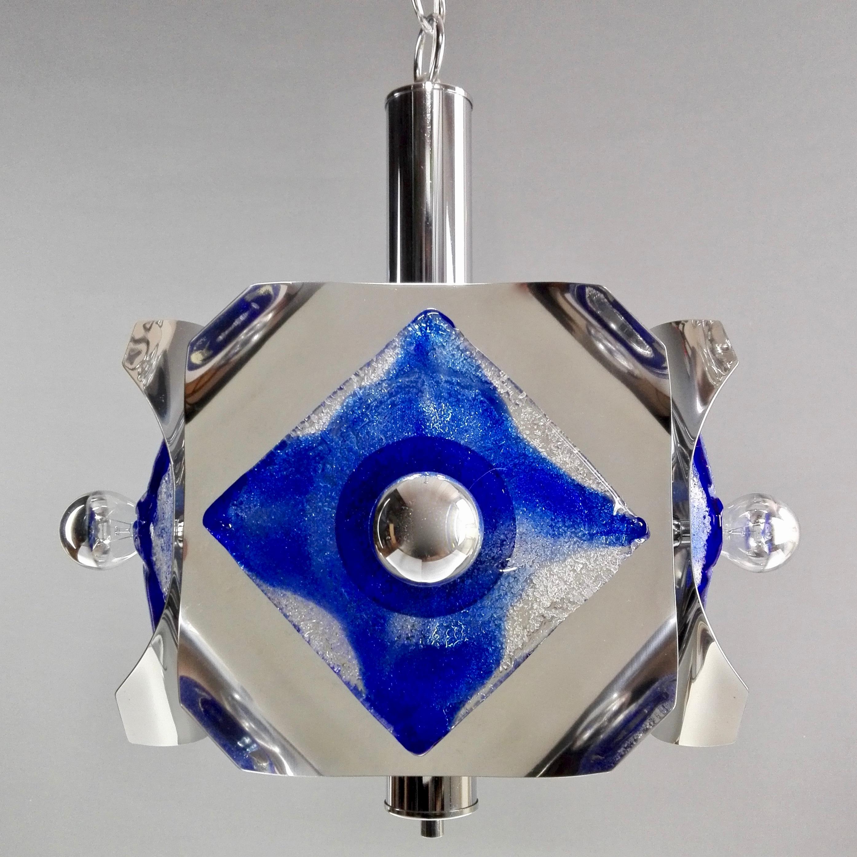 Late 20th Century 1970s Mazzega Space Age Four-Light Pendant Lamp in Chrome and Murano Art Glass