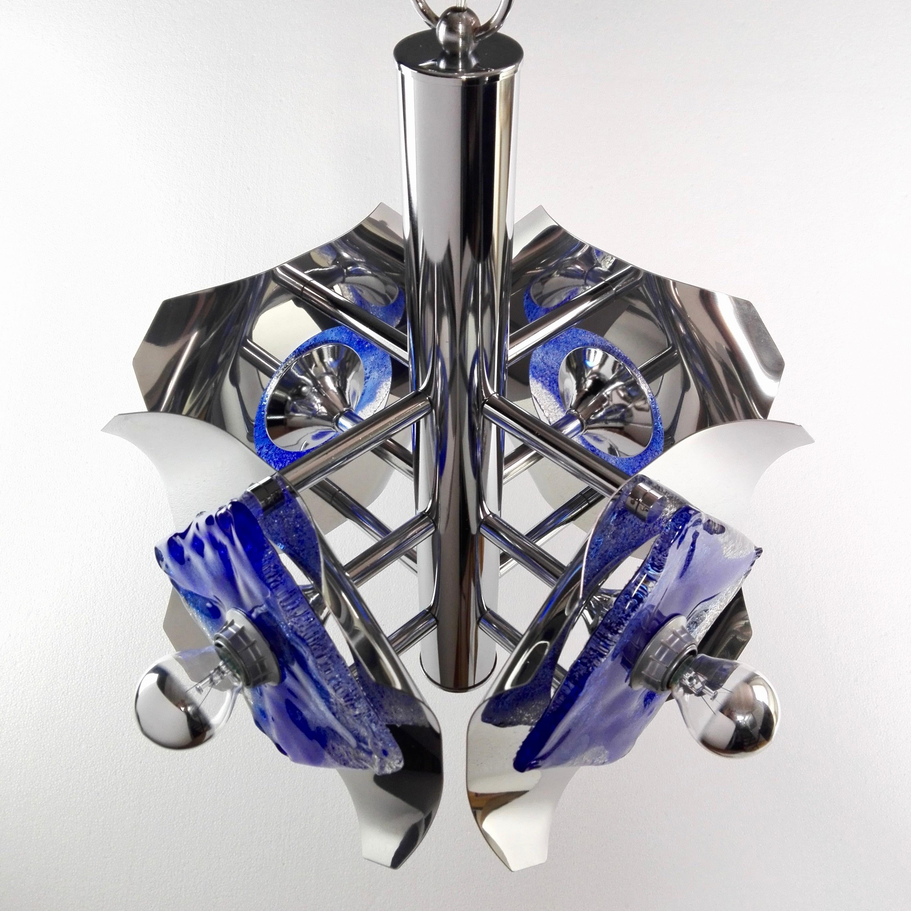 1970s Mazzega Space Age Four-Light Pendant Lamp in Chrome and Murano Art Glass 1