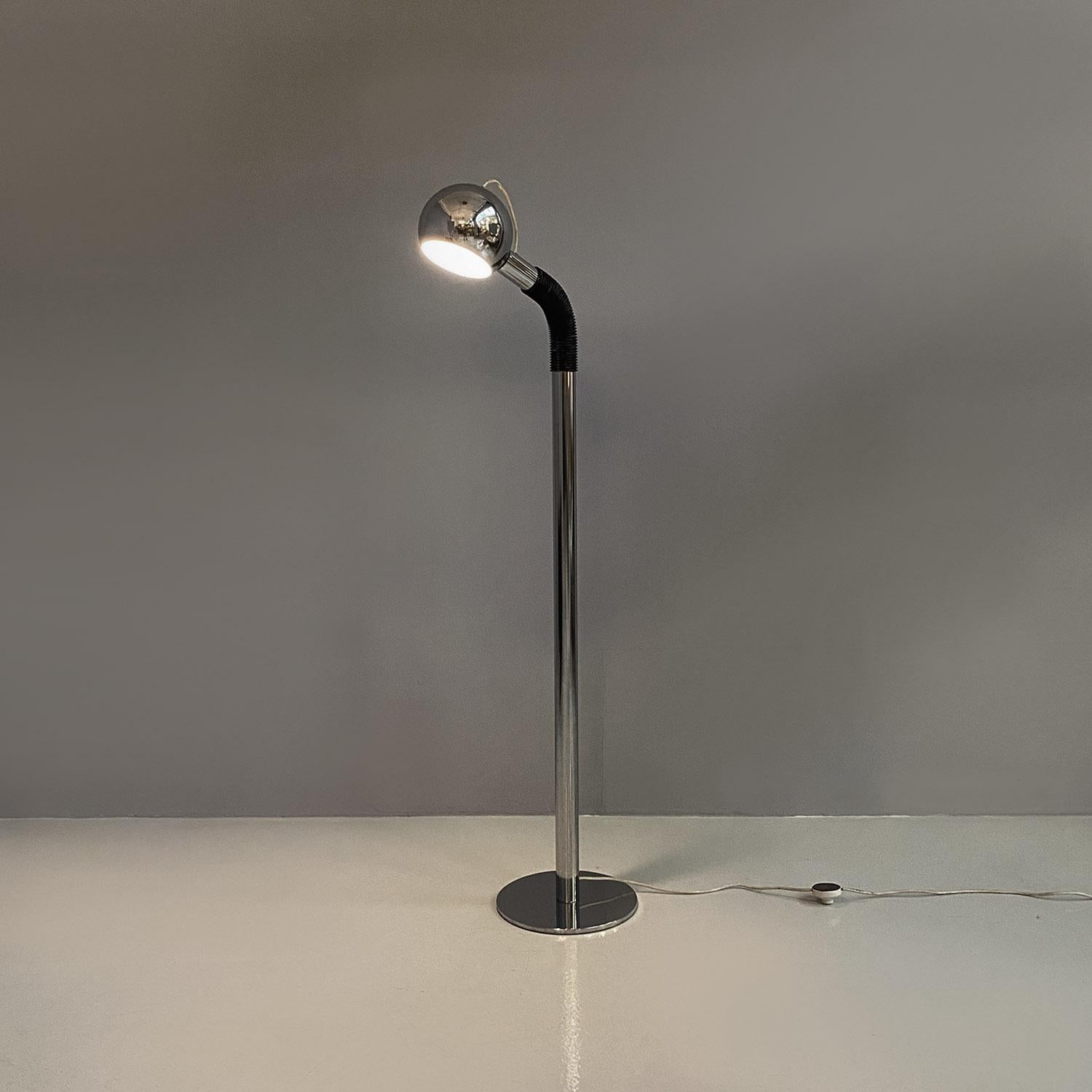 Late 20th Century Italian space age adjustable chromed steel and black plastic floor lamp, 1970s For Sale
