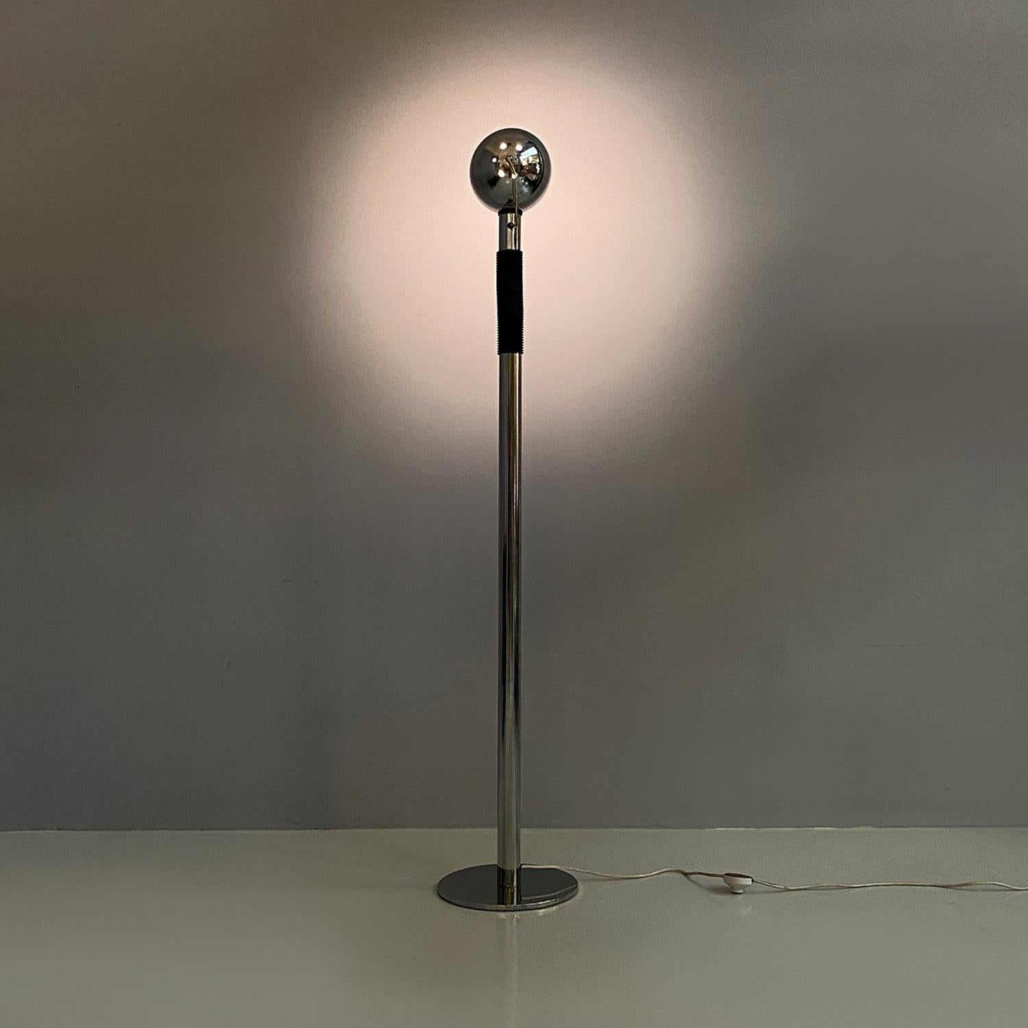 Metal Italian space age adjustable chromed steel and black plastic floor lamp, 1970s For Sale
