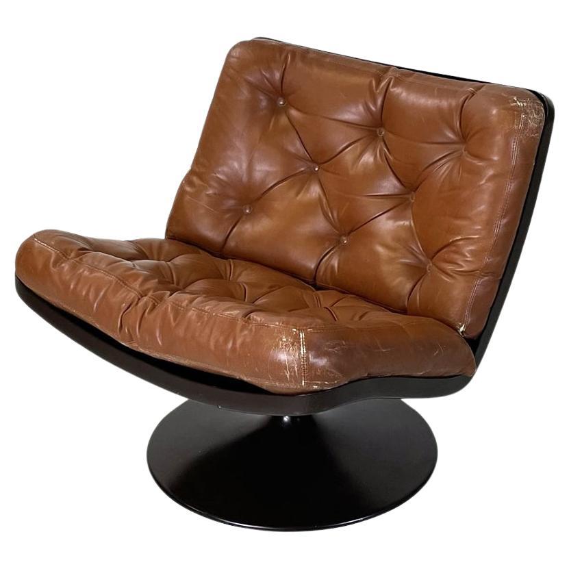 Italian Space Age Armchair in Brown Leather and Black Plastic by Play, 1970s For Sale