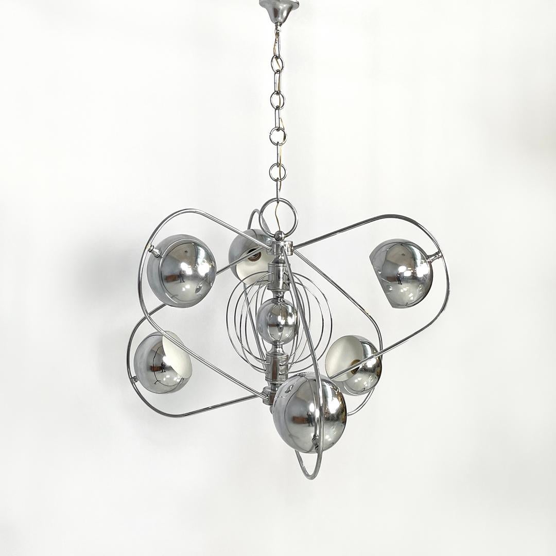 Italian Space Age atom shaped ceiling lamp in chromed metal, 1970s In Good Condition For Sale In MIlano, IT