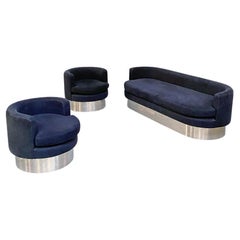 Italian Space Age Black Velvet and Chromed Steel Sofa and Armchairs, 1970s Italian Space Age Black Velvet and Chromed Steel Sofa and Armchairs, 1970s