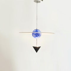 Italian Space Age Ceiling Lamp in Blue Glass, White and Black Metal, 1970s