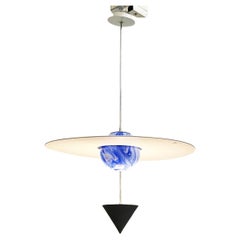 Italian Space Age Ceiling Lamp in Blue Glass, White and Black Metal, 1970s