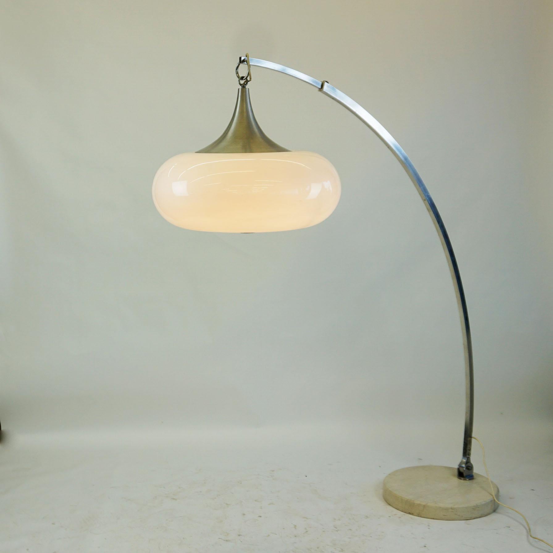 Mid-20th Century Italian Space Age Chrome and Marble Adjustable Arc Floor Lamp with White Shade