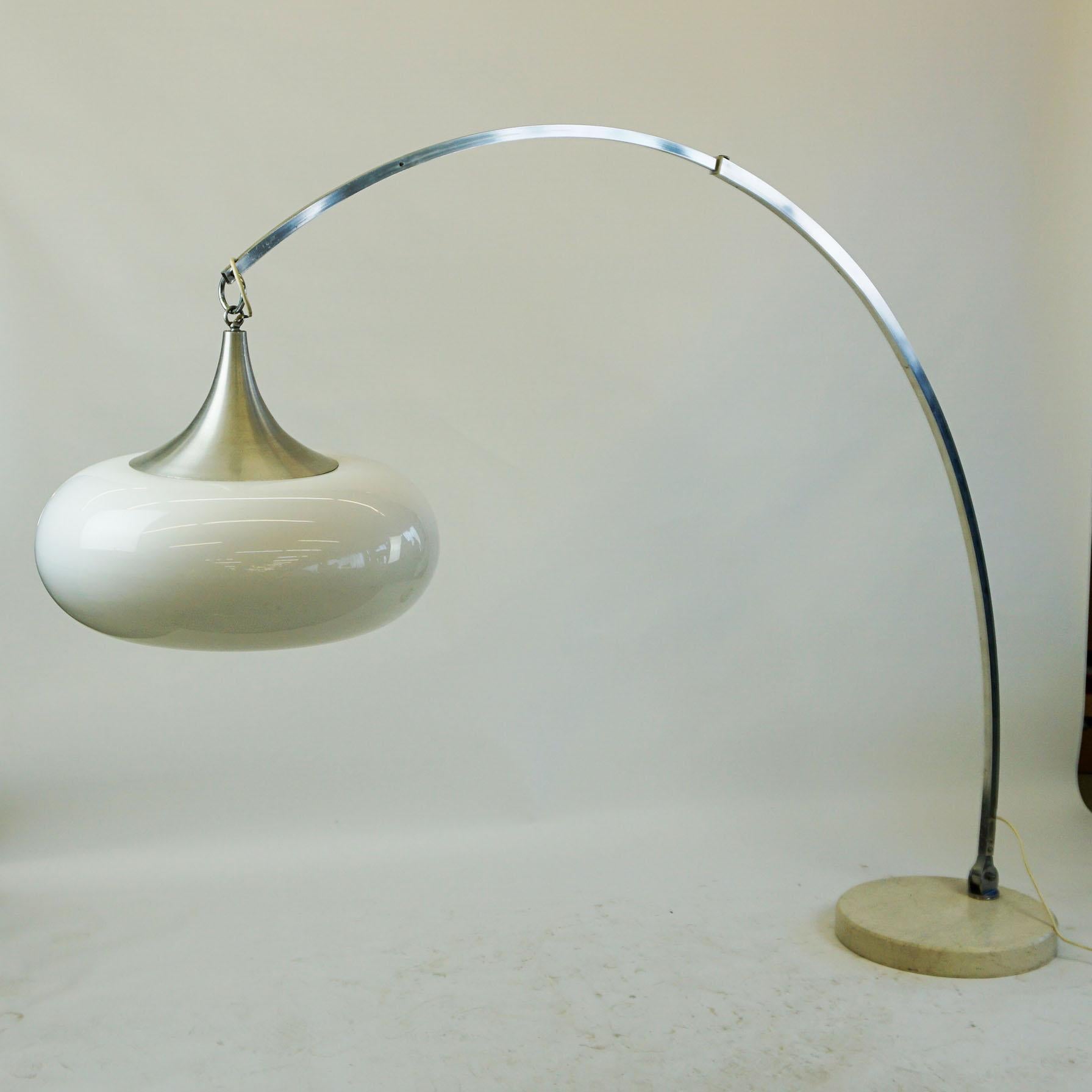 Italian Space Age Chrome and Marble Adjustable Arc Floor Lamp with White Shade 3