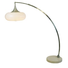 Italian Space Age Chrome and Marble Adjustable Arc Floor Lamp with White Shade