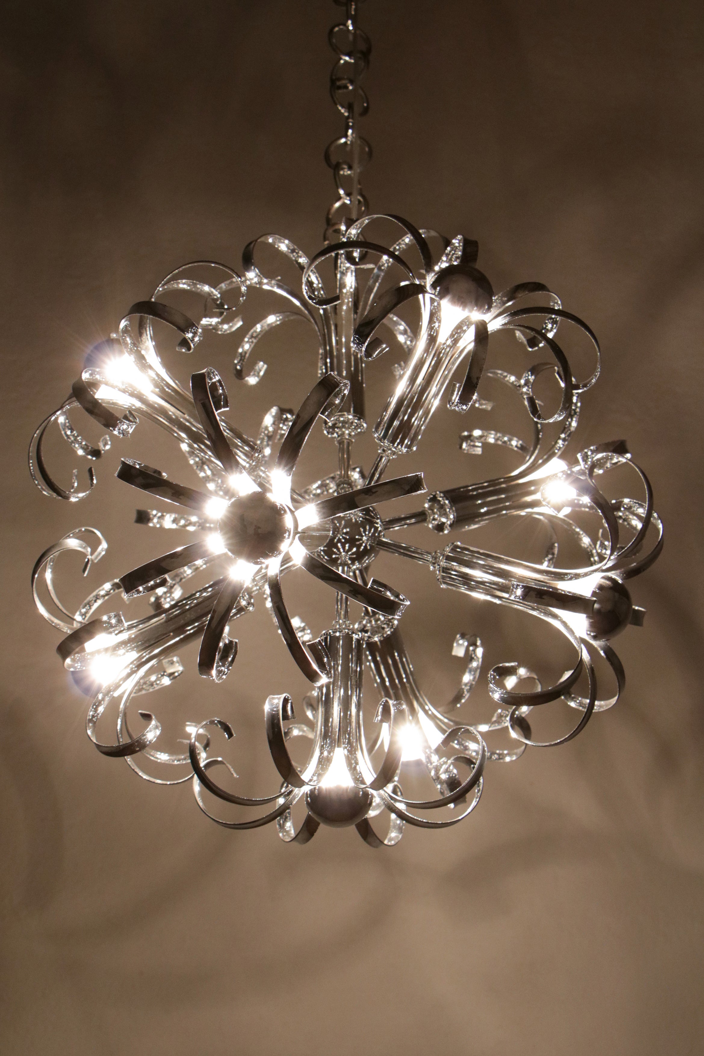 Lustre Sputnik italien en chrome de l'ère spatiale, lampe à suspension, années 1970