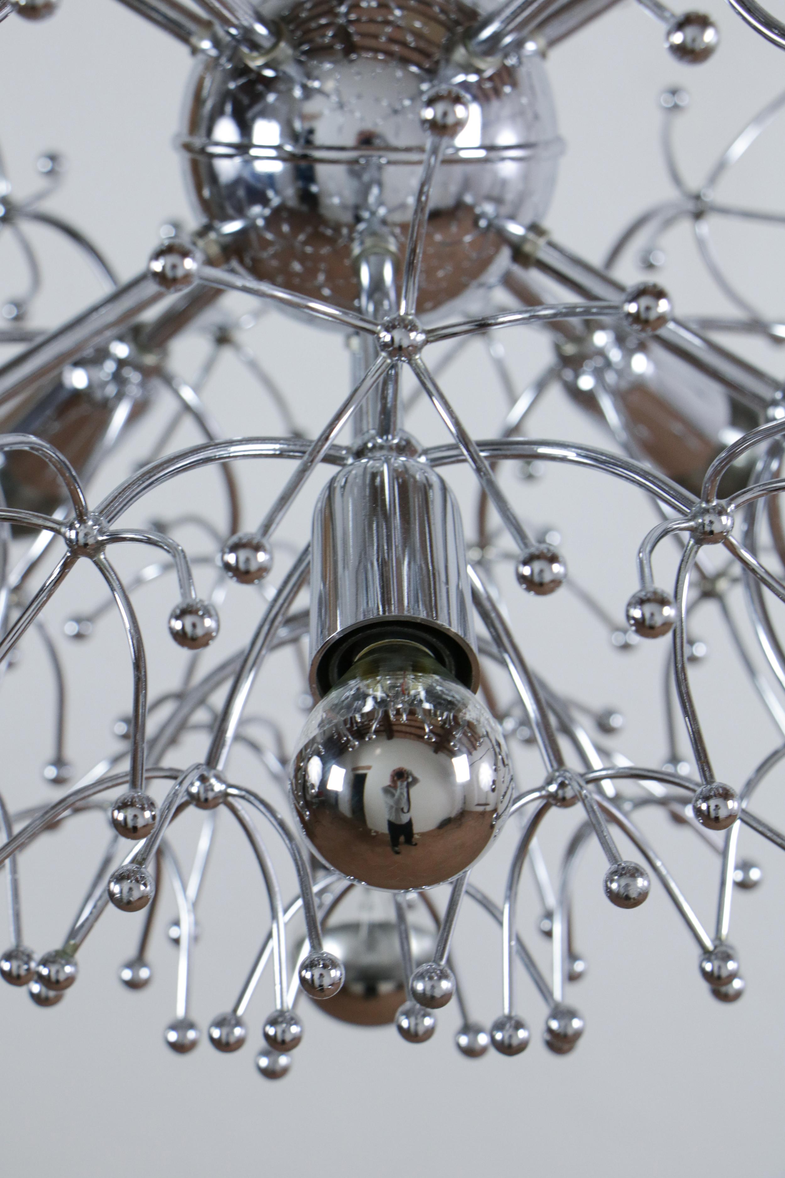 Brass Italian Space Age Chrome Sputnik Chandelier, Pendant Lamp by Gaetano Sciolari For Sale