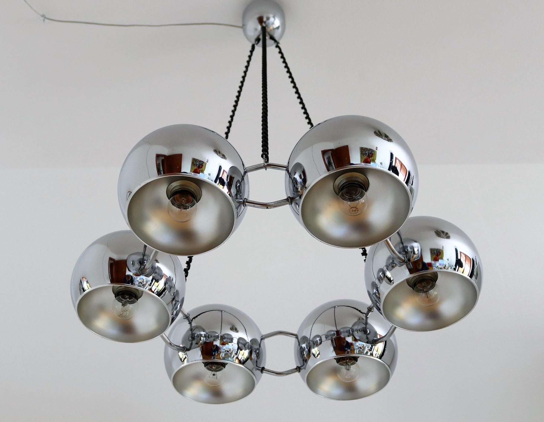 Italian Space Age Chromed Chandelier with Six Lights by Reggiani, 1970s 2