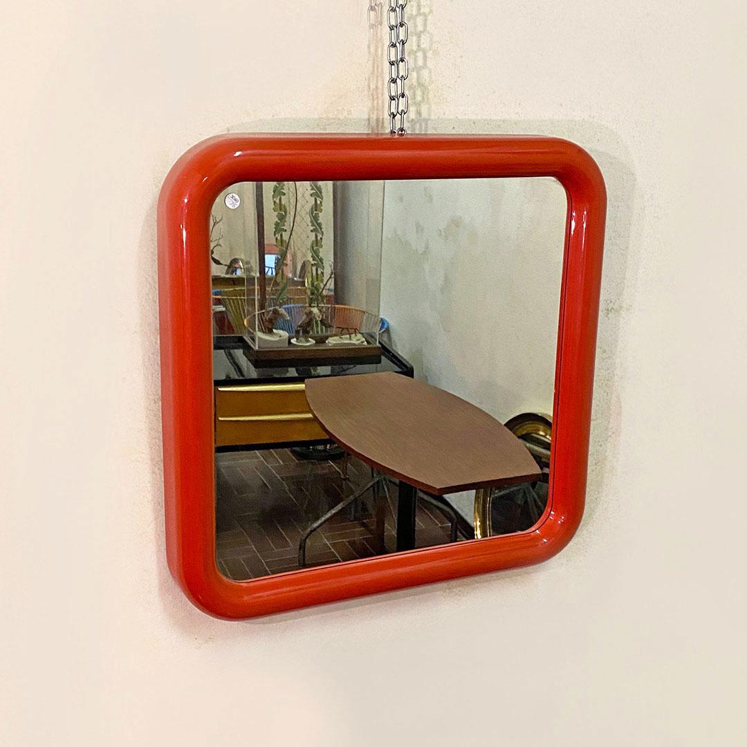 Late 20th Century Italian Space Age Glossy Red Plastic Square Mirror with Rounded Corners, 1970s