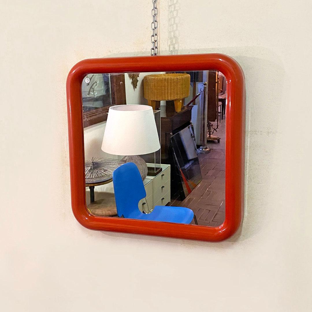 Italian Space Age Glossy Red Plastic Square Mirror with Rounded Corners, 1970s 1