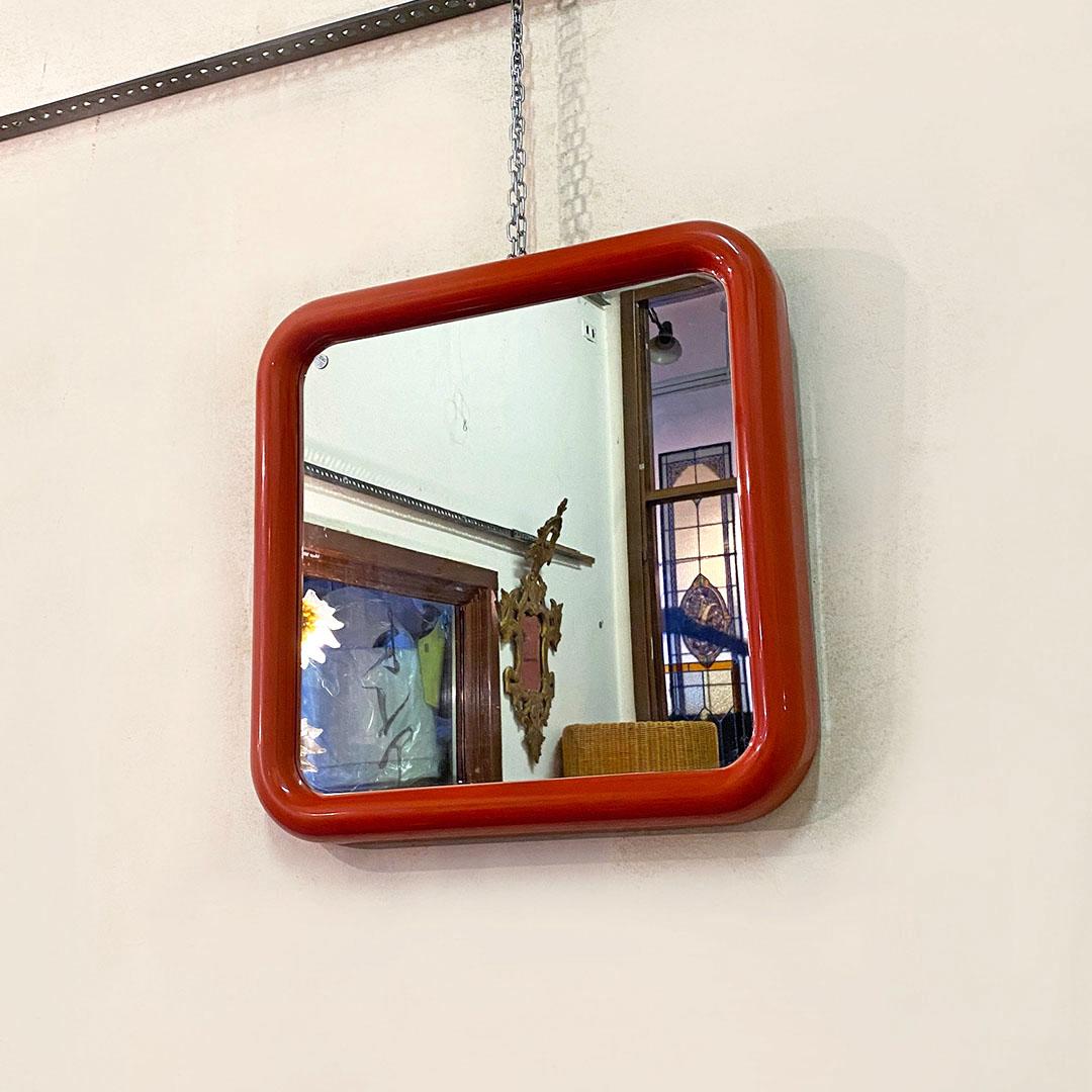 Italian Space Age Glossy Red Plastic Square Mirror with Rounded Corners, 1970s 2