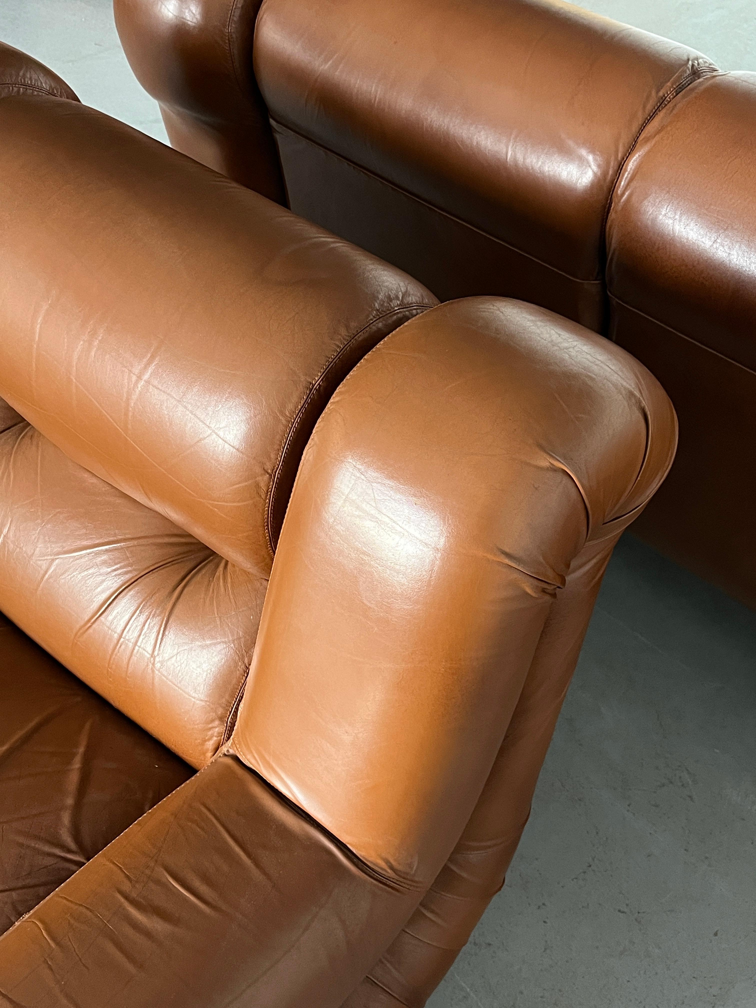 Metallo Set da salotto A Space AGE in pelle cognac e cromo, anni '70, Italia in vendita