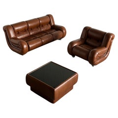 Italian Space Age Living Room Set in Cognac Leather and Chrome, 1970s Italy